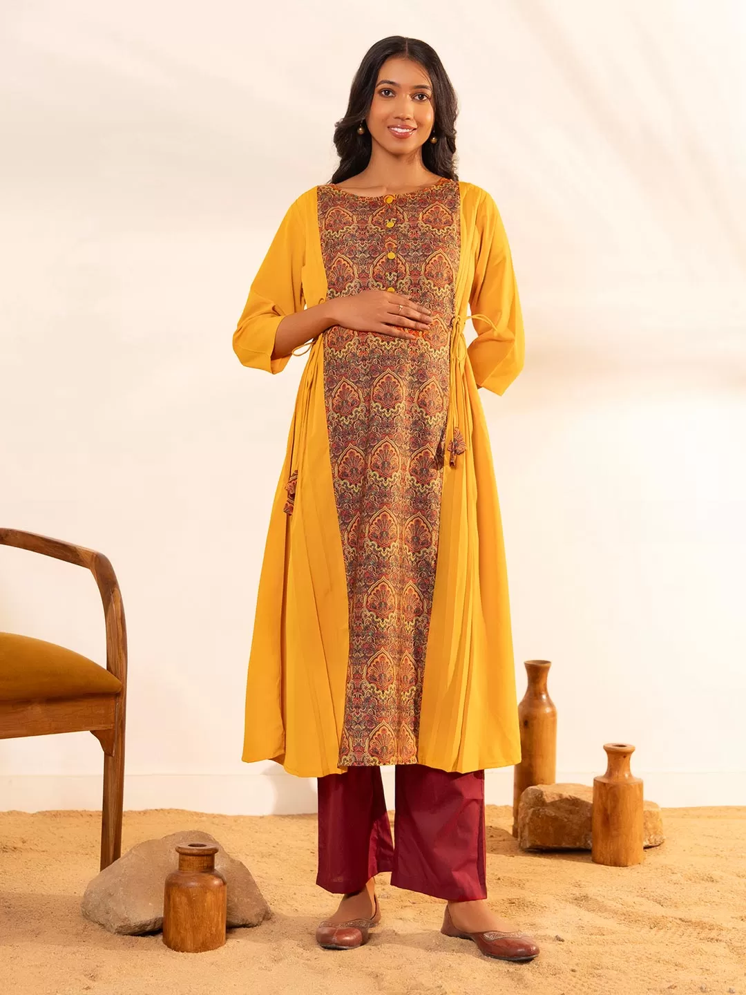 Mustard Crepe Ethnic Printed A-Line Maternity Kurta