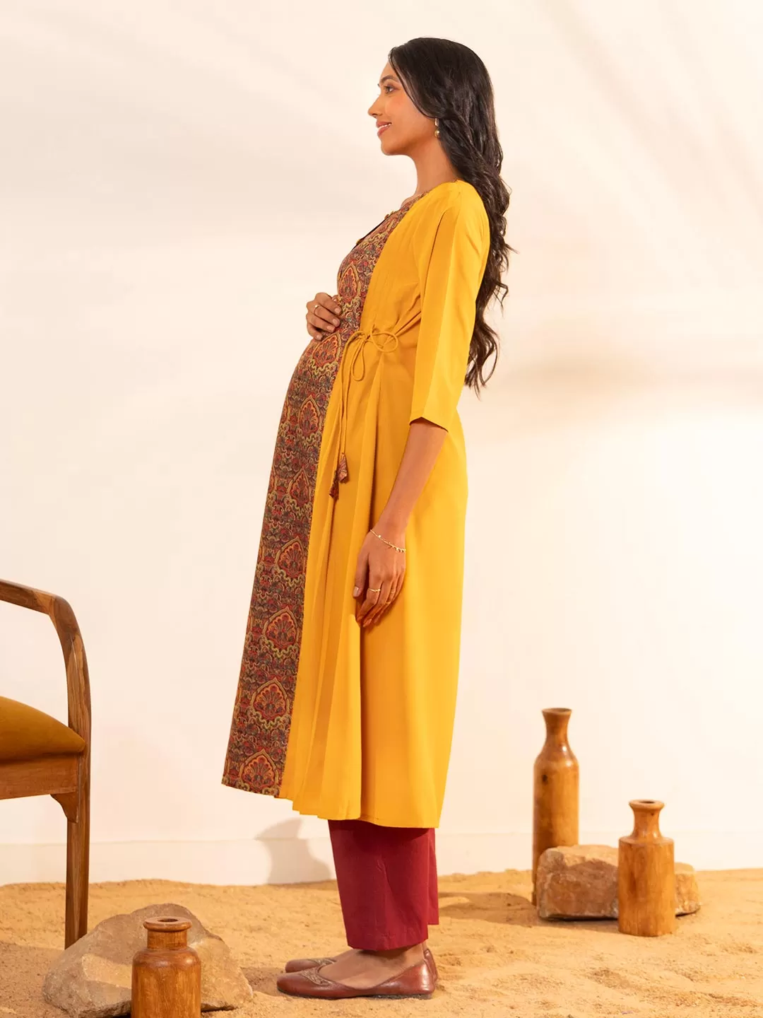 Mustard Crepe Ethnic Printed A-Line Maternity Kurta