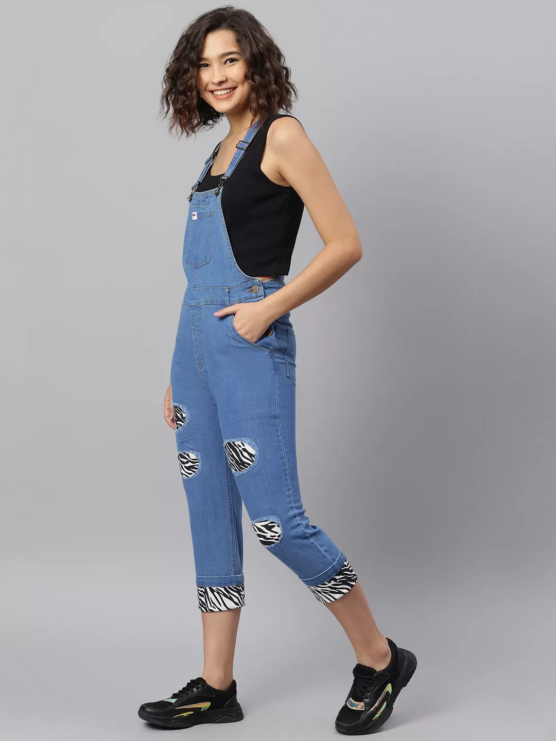 NaughtyDungaree® Womens Denim Dungaree with Zebra Print Infusion