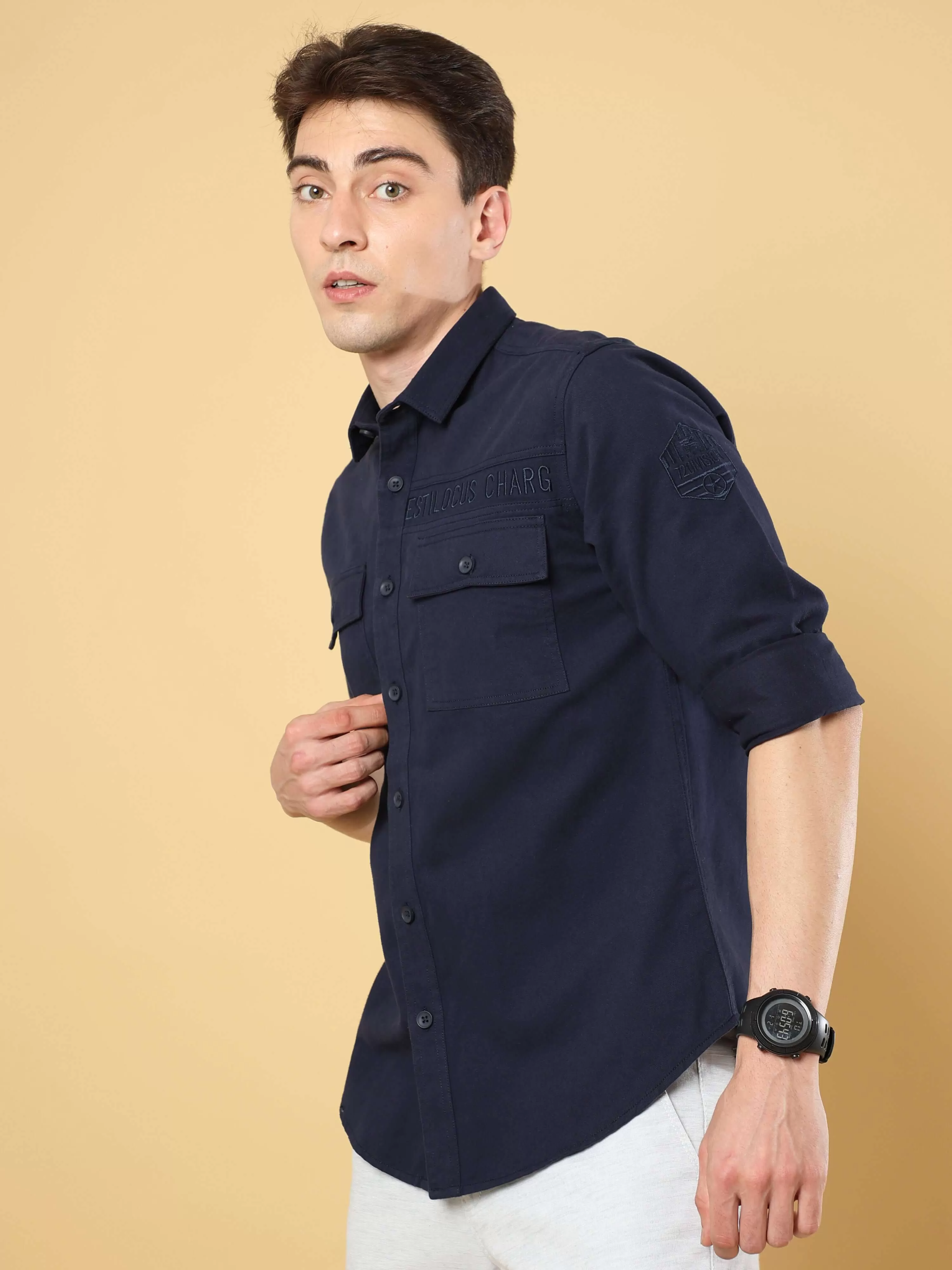 Navy Twill Solid Cargo Shirt