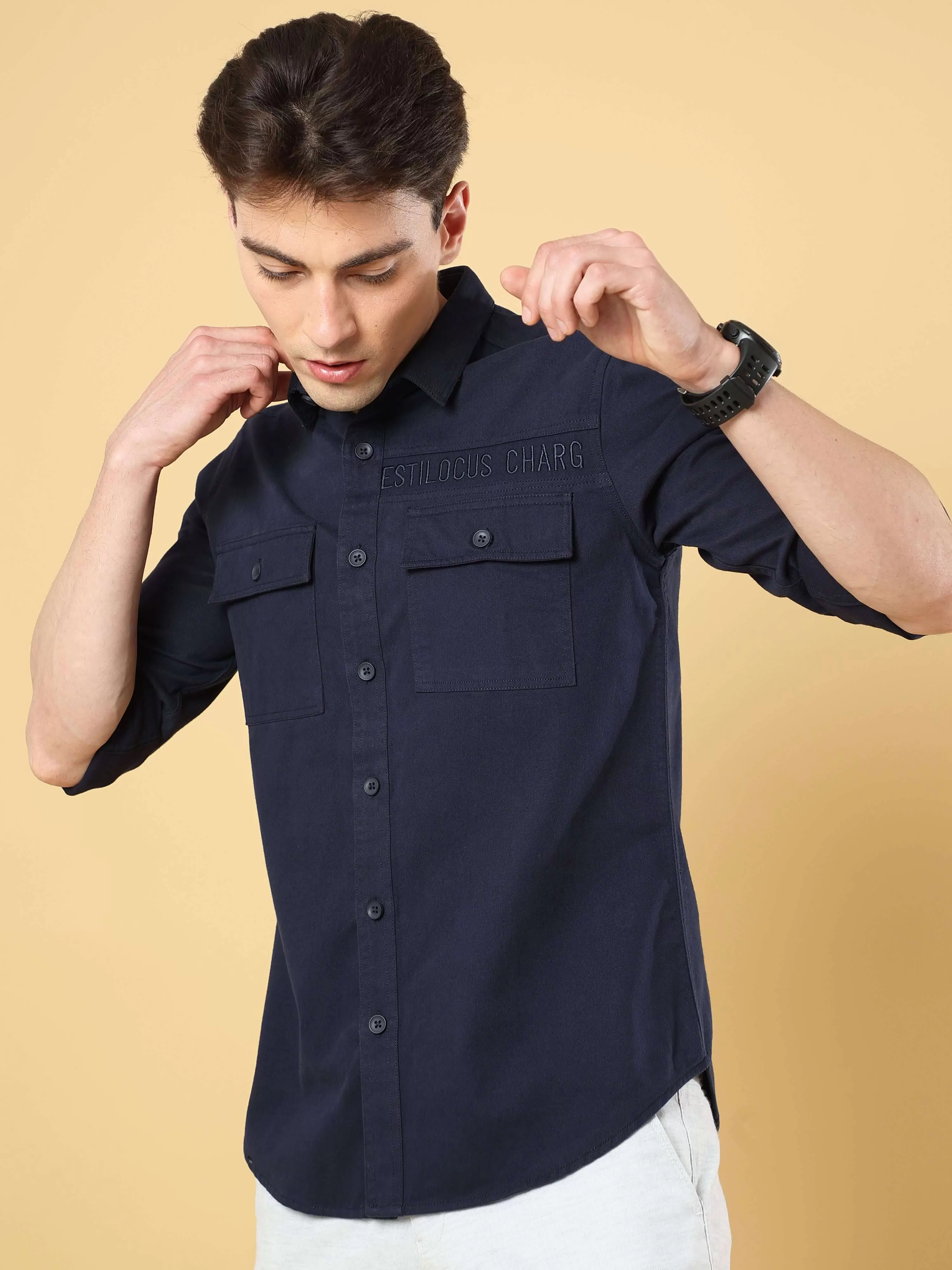 Navy Twill Solid Cargo Shirt