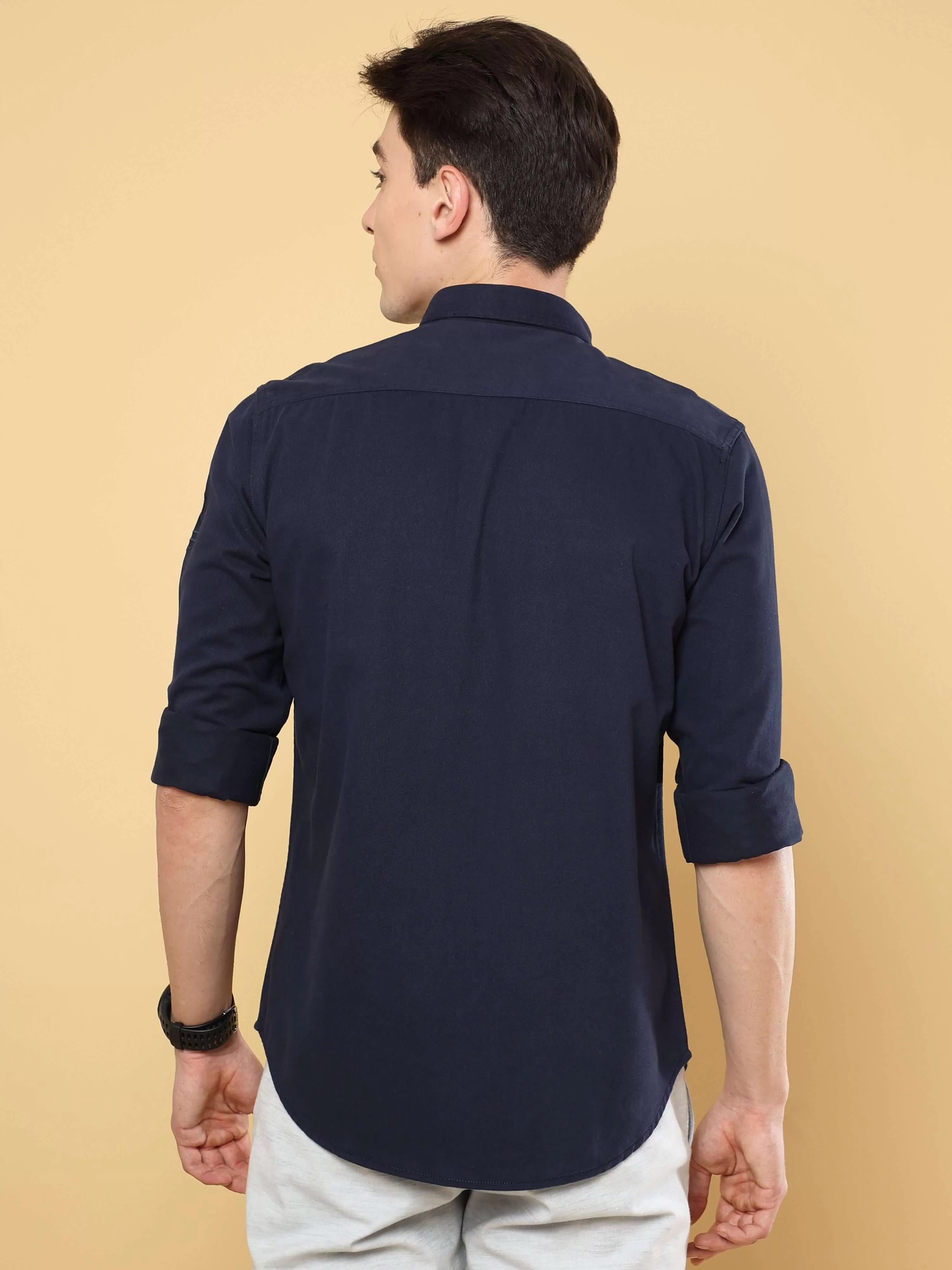 Navy Twill Solid Cargo Shirt