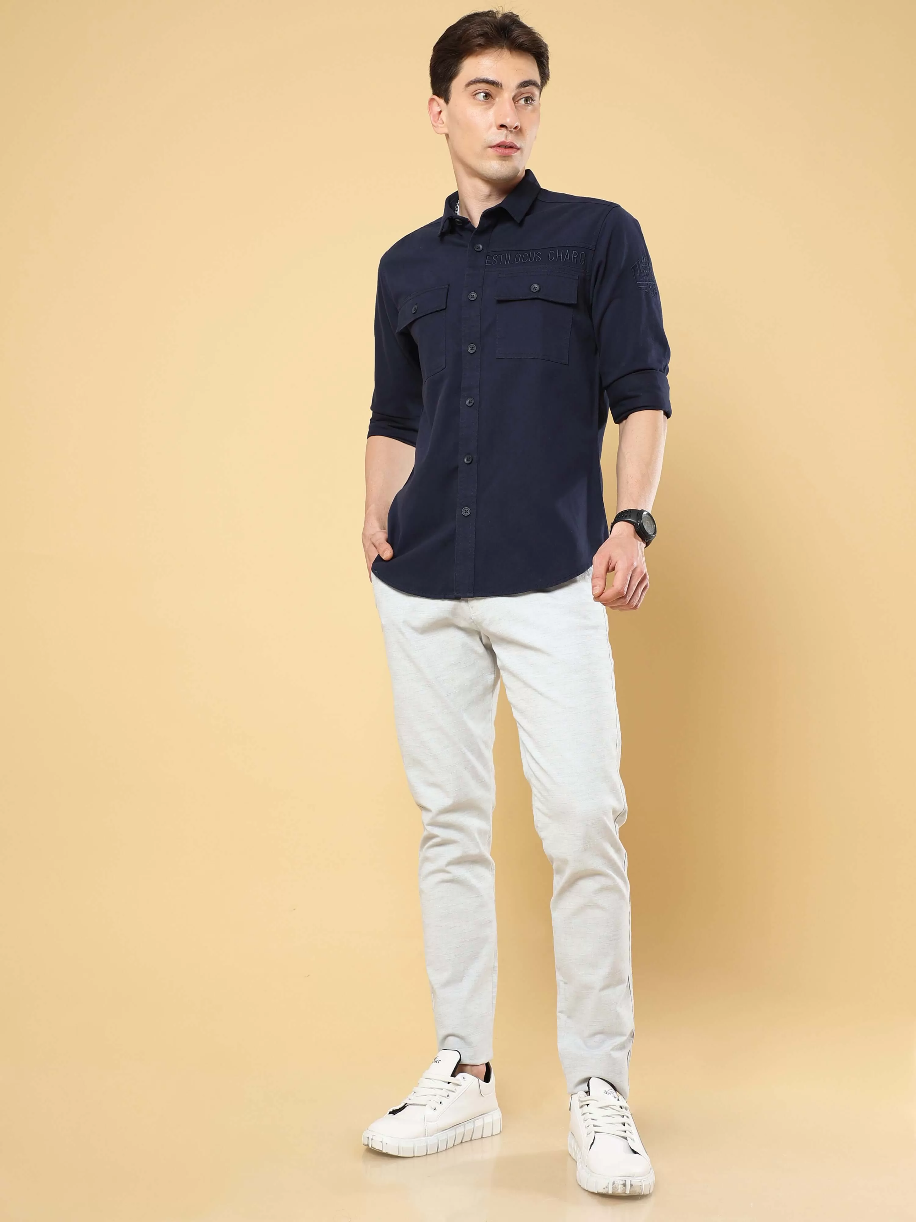 Navy Twill Solid Cargo Shirt