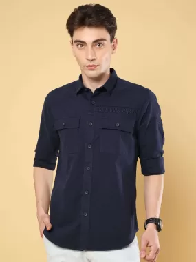 Navy Twill Solid Cargo Shirt