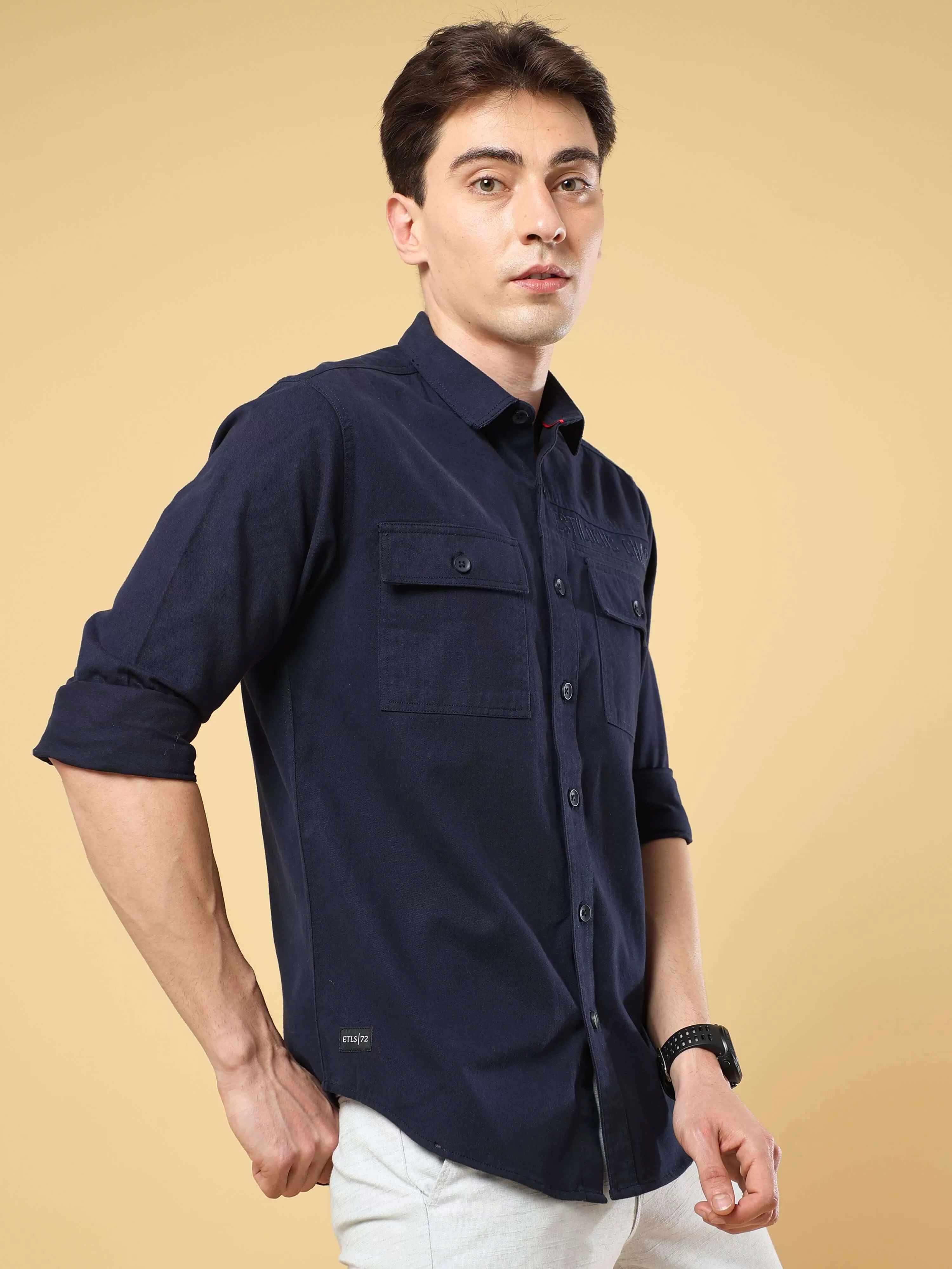 Navy Twill Solid Cargo Shirt