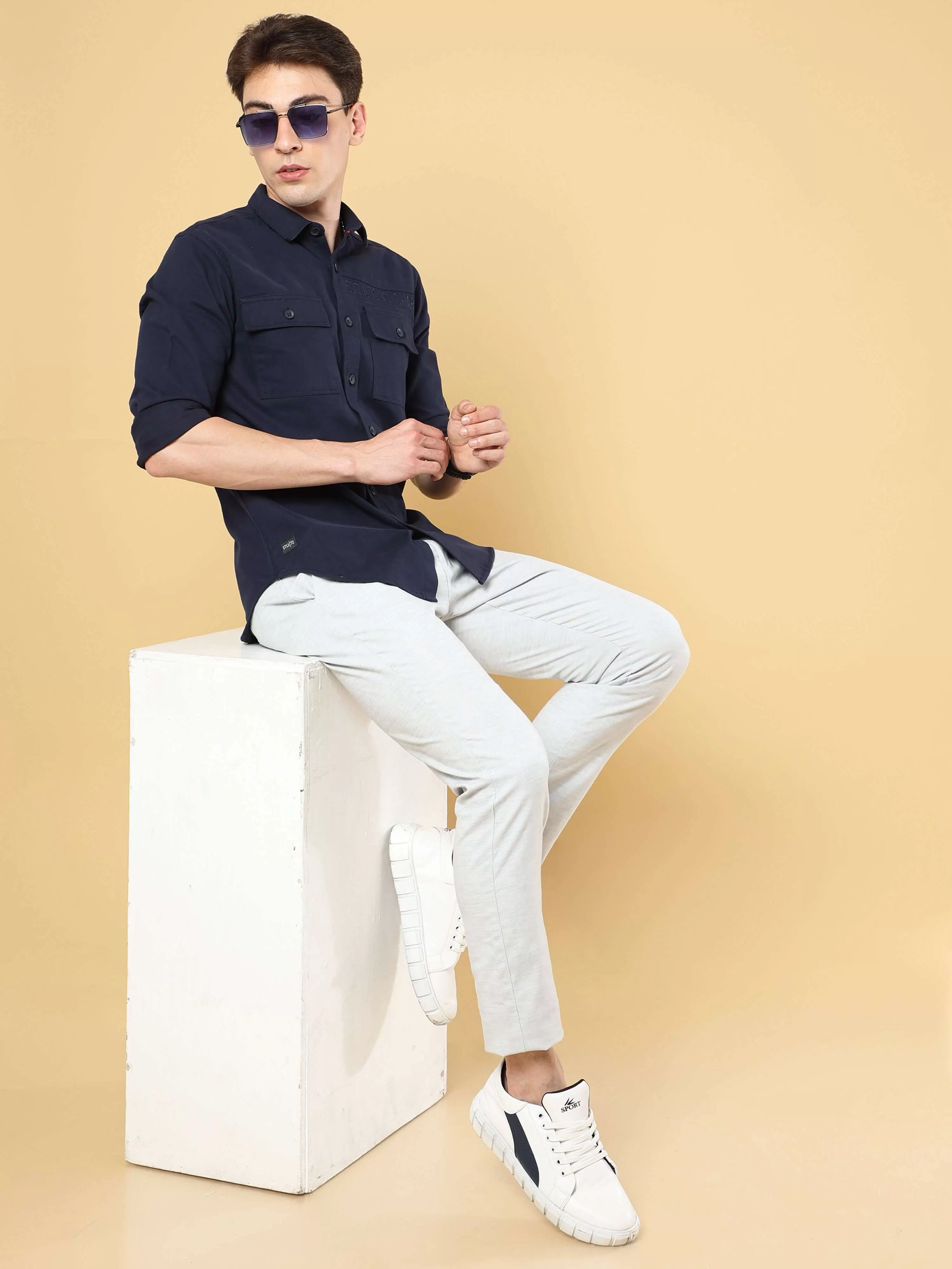 Navy Twill Solid Cargo Shirt