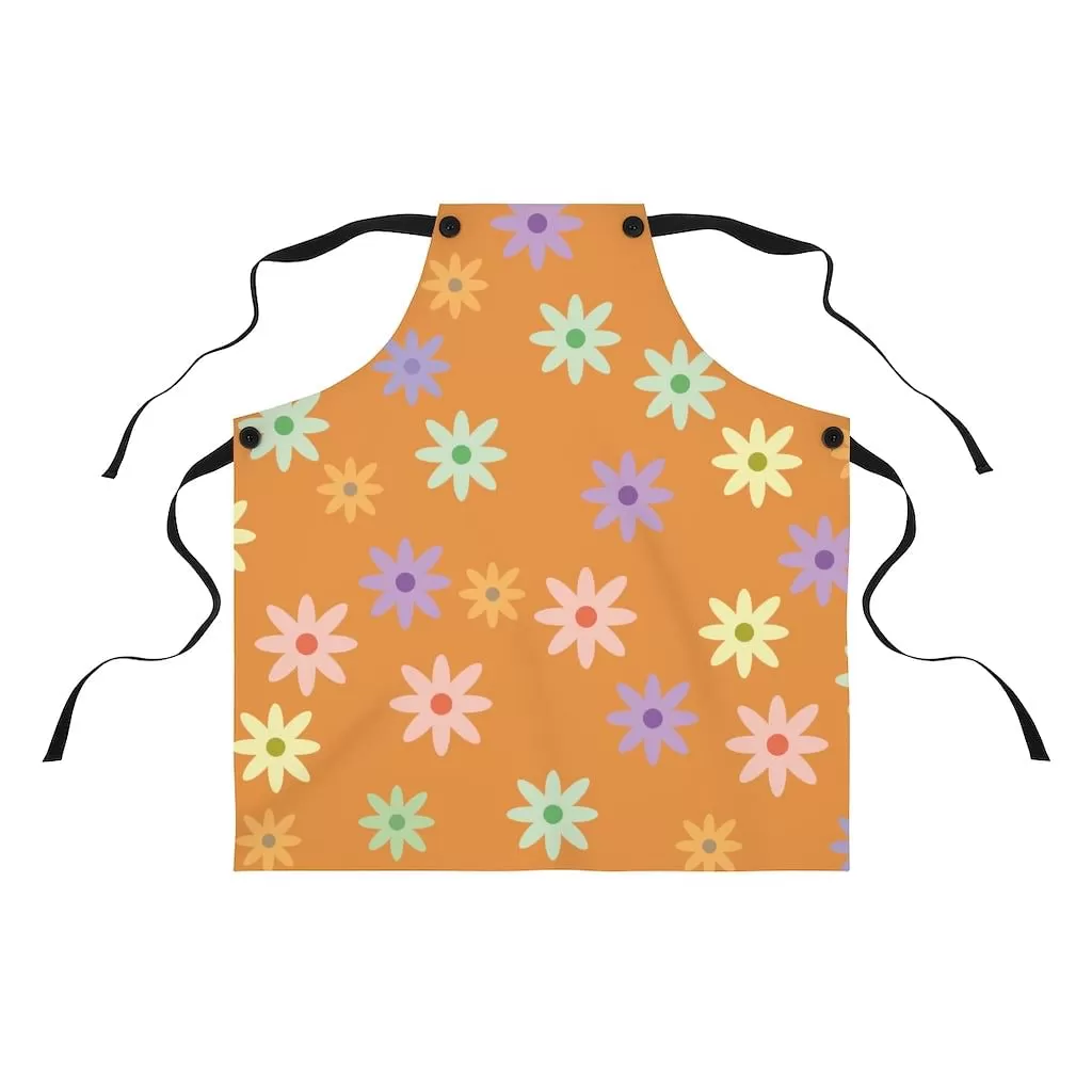 Orange Cooking Apron With Nice Flowers / Sturdy Kitchen Apron Of Good Quality