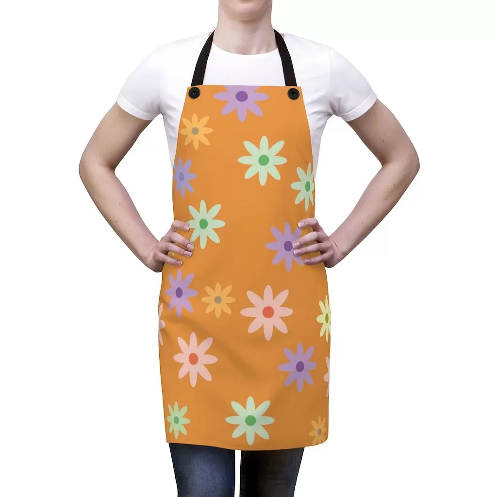 Orange Cooking Apron With Nice Flowers / Sturdy Kitchen Apron Of Good Quality