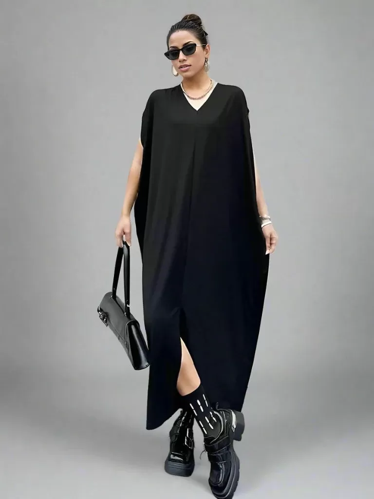 Oversized Black V-Neck Maxi Dress