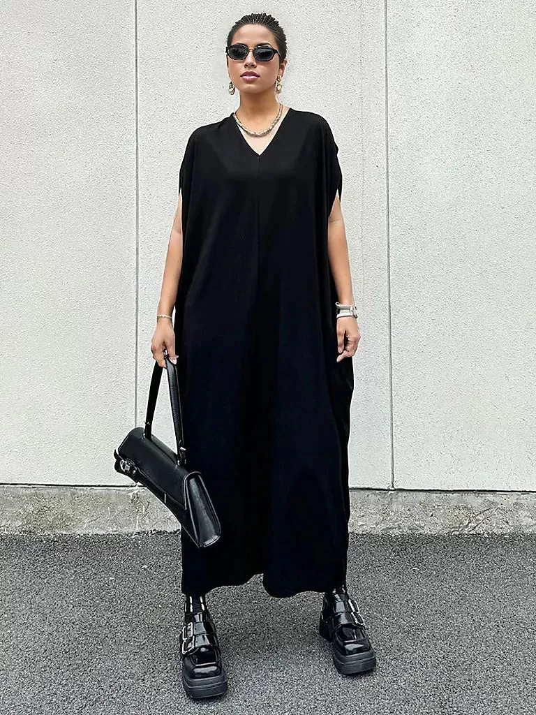 Oversized Black V-Neck Maxi Dress