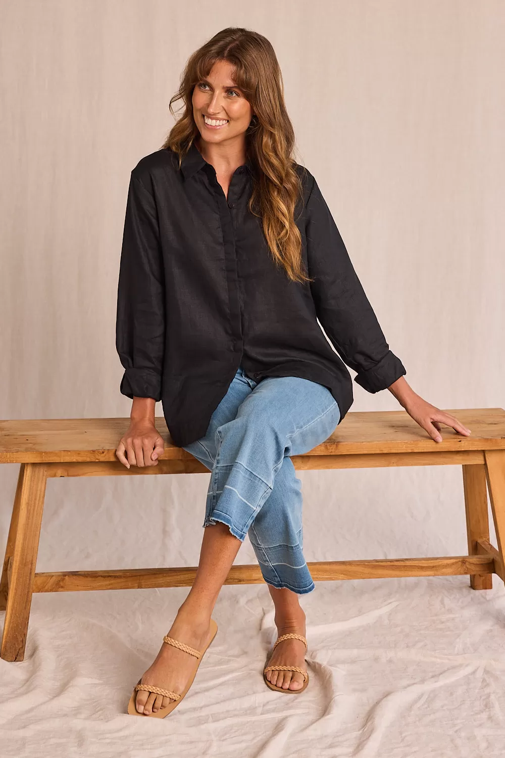 Oversized Linen Boyfriend Shirt in Black