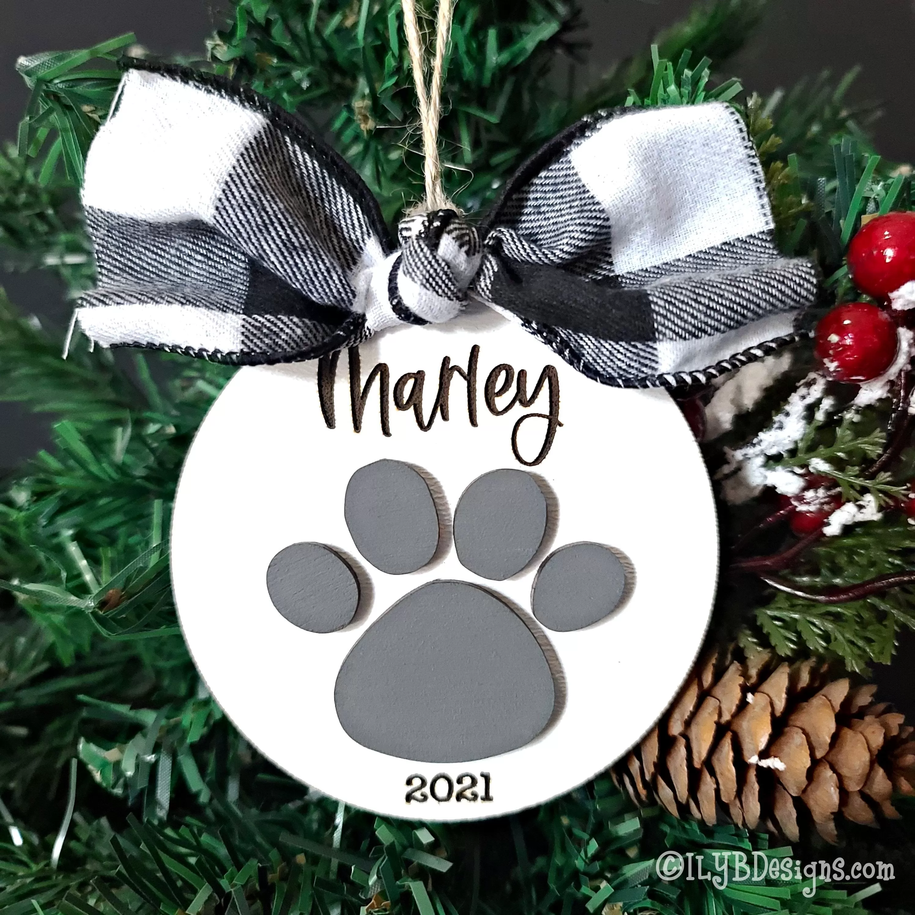 Pet Paw Print Christmas Ornament | Personalized Laser Cut Wood Ornament