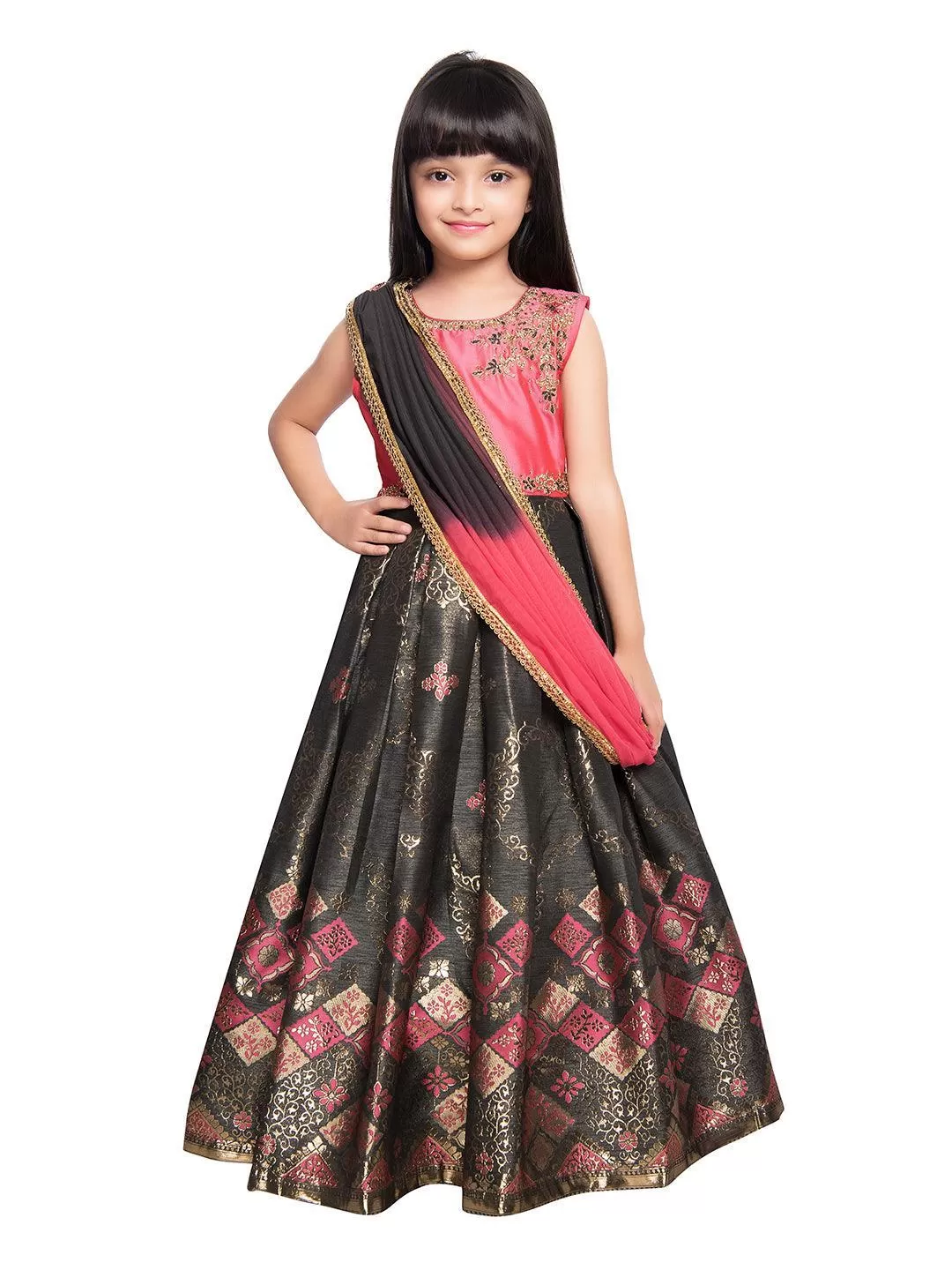 Pink & Gold Coloured Sleeveless Embellished Yoke Party Gown For Girls With Dupatta