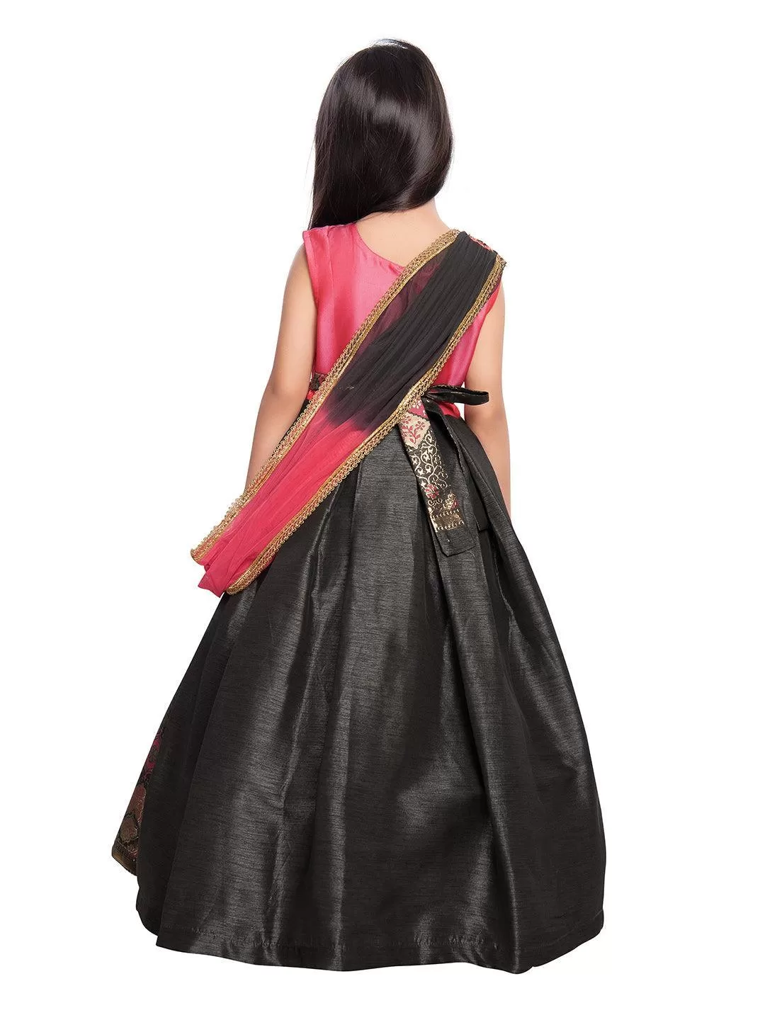 Pink & Gold Coloured Sleeveless Embellished Yoke Party Gown For Girls With Dupatta