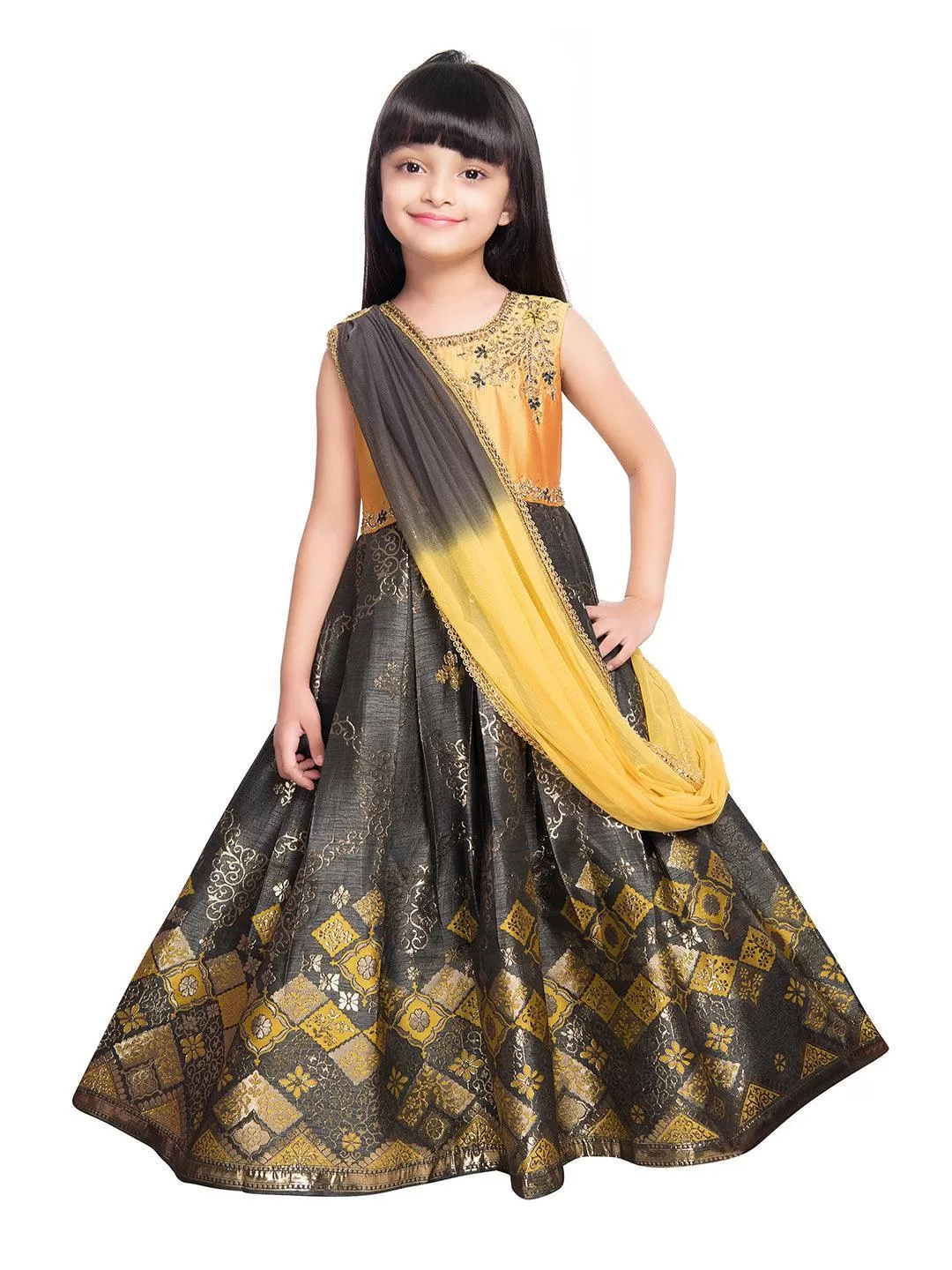 Pink & Gold Coloured Sleeveless Embellished Yoke Party Gown For Girls With Dupatta