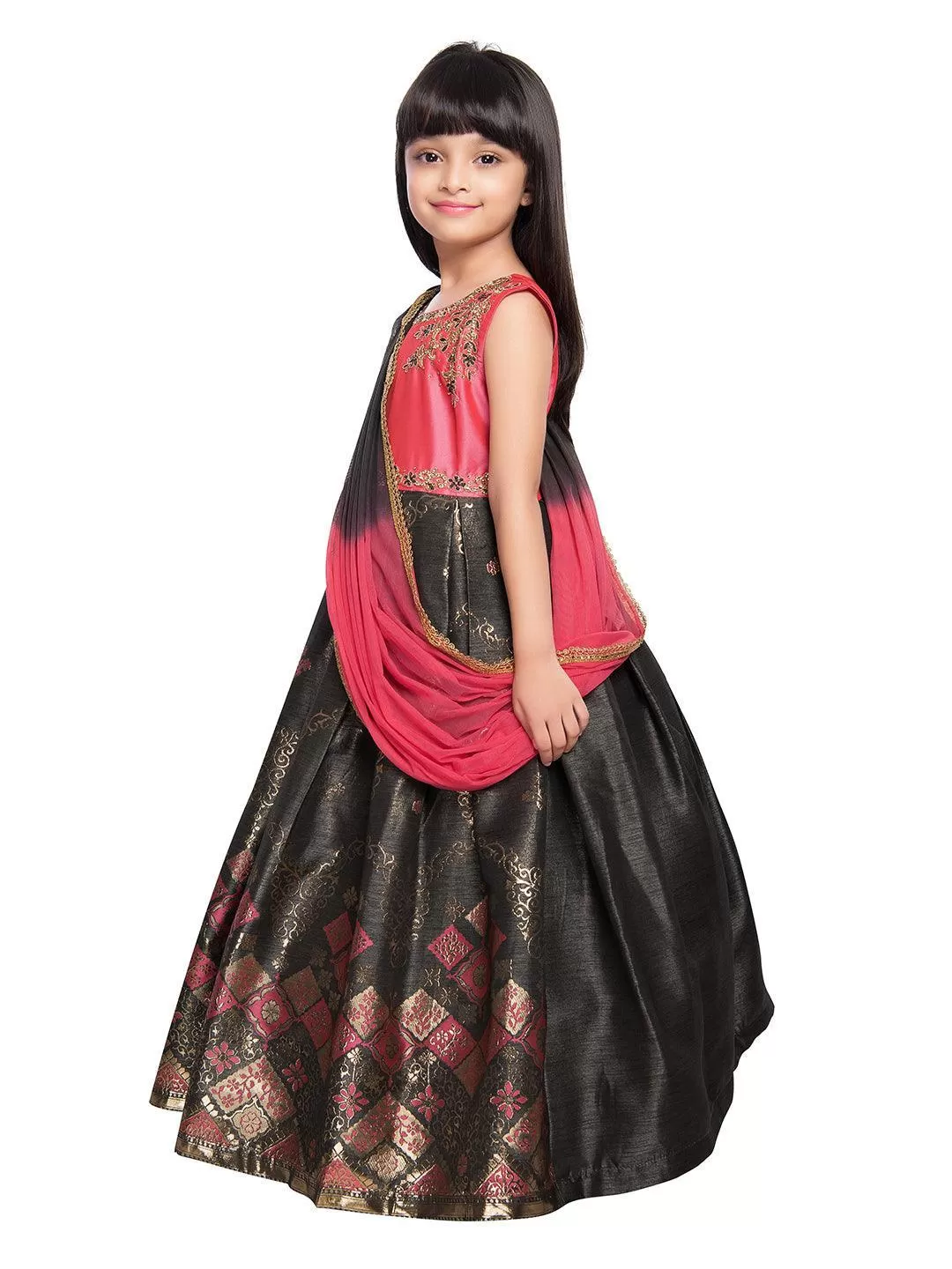 Pink & Gold Coloured Sleeveless Embellished Yoke Party Gown For Girls With Dupatta