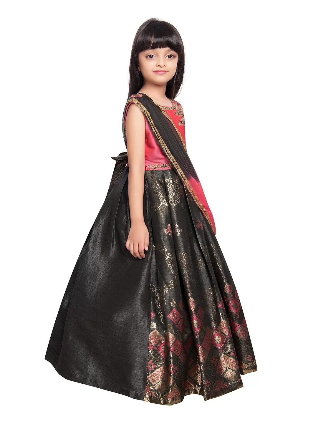 Pink & Gold Coloured Sleeveless Embellished Yoke Party Gown For Girls With Dupatta