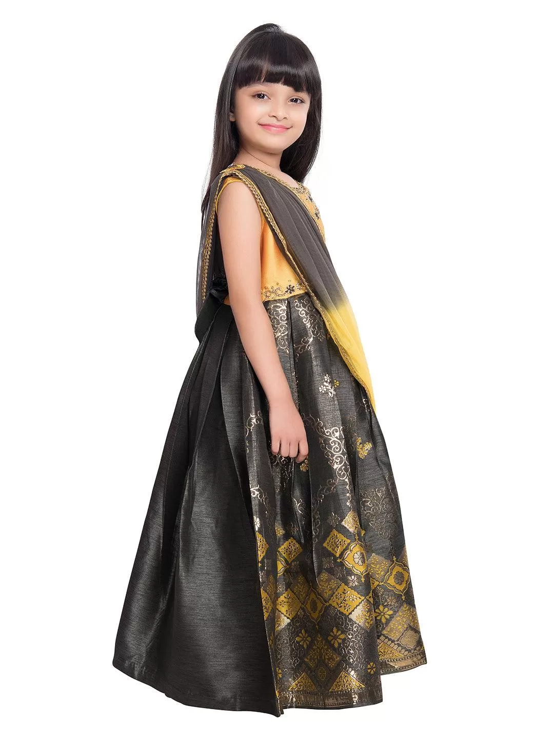 Pink & Gold Coloured Sleeveless Embellished Yoke Party Gown For Girls With Dupatta