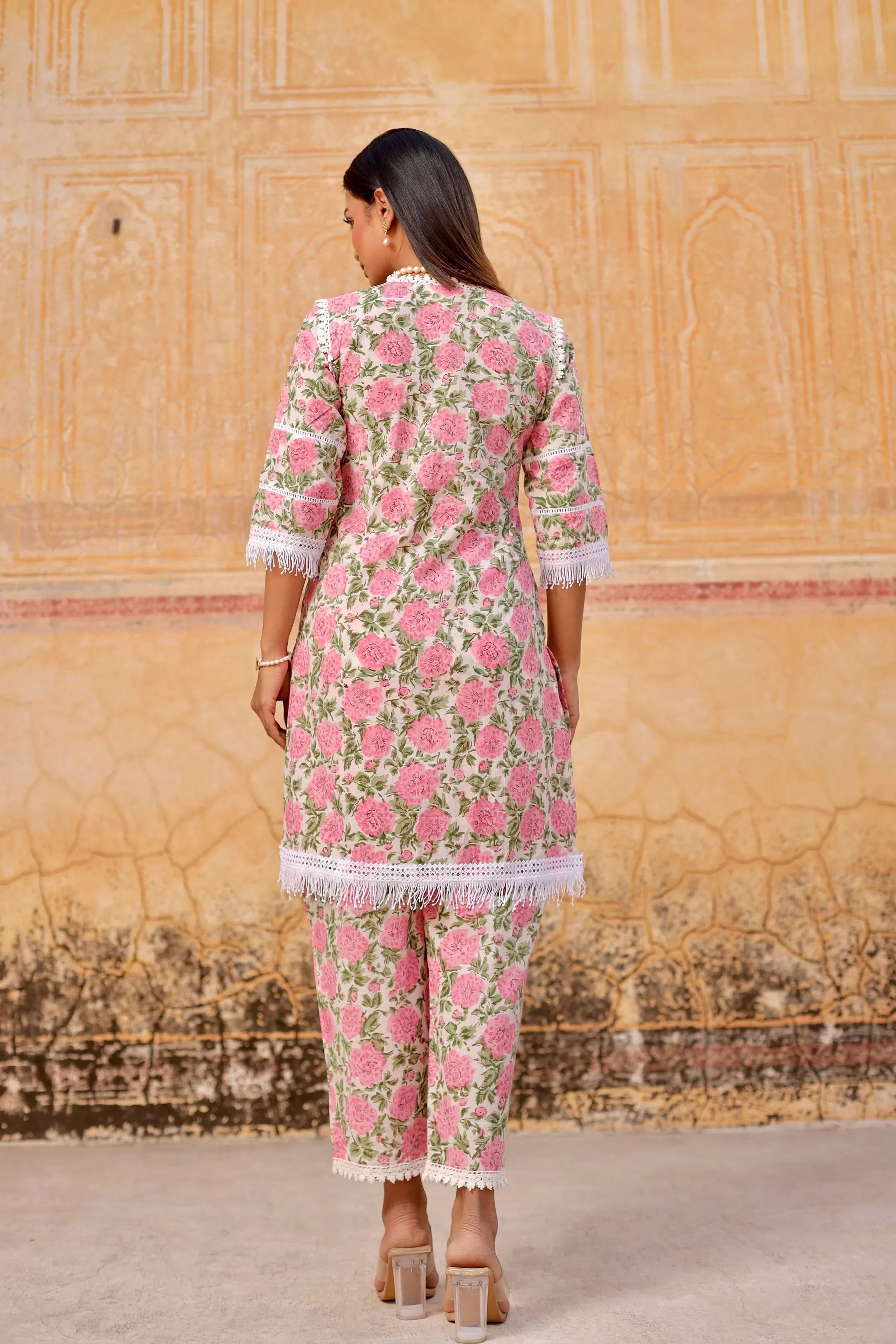 Pink flower handblock cotton straight set