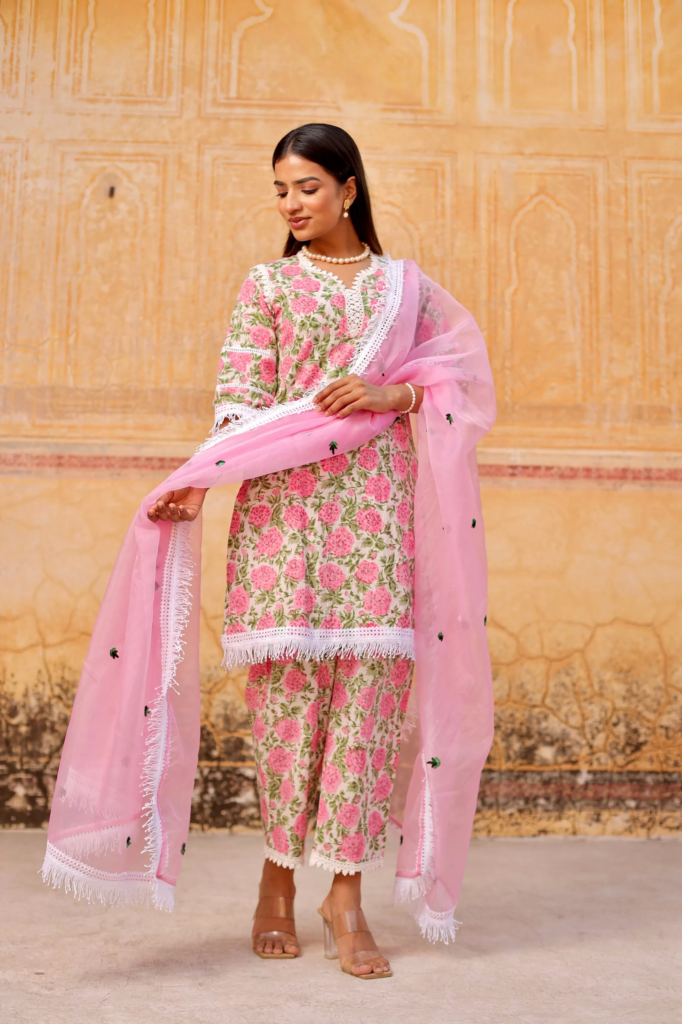 Pink flower handblock cotton straight set