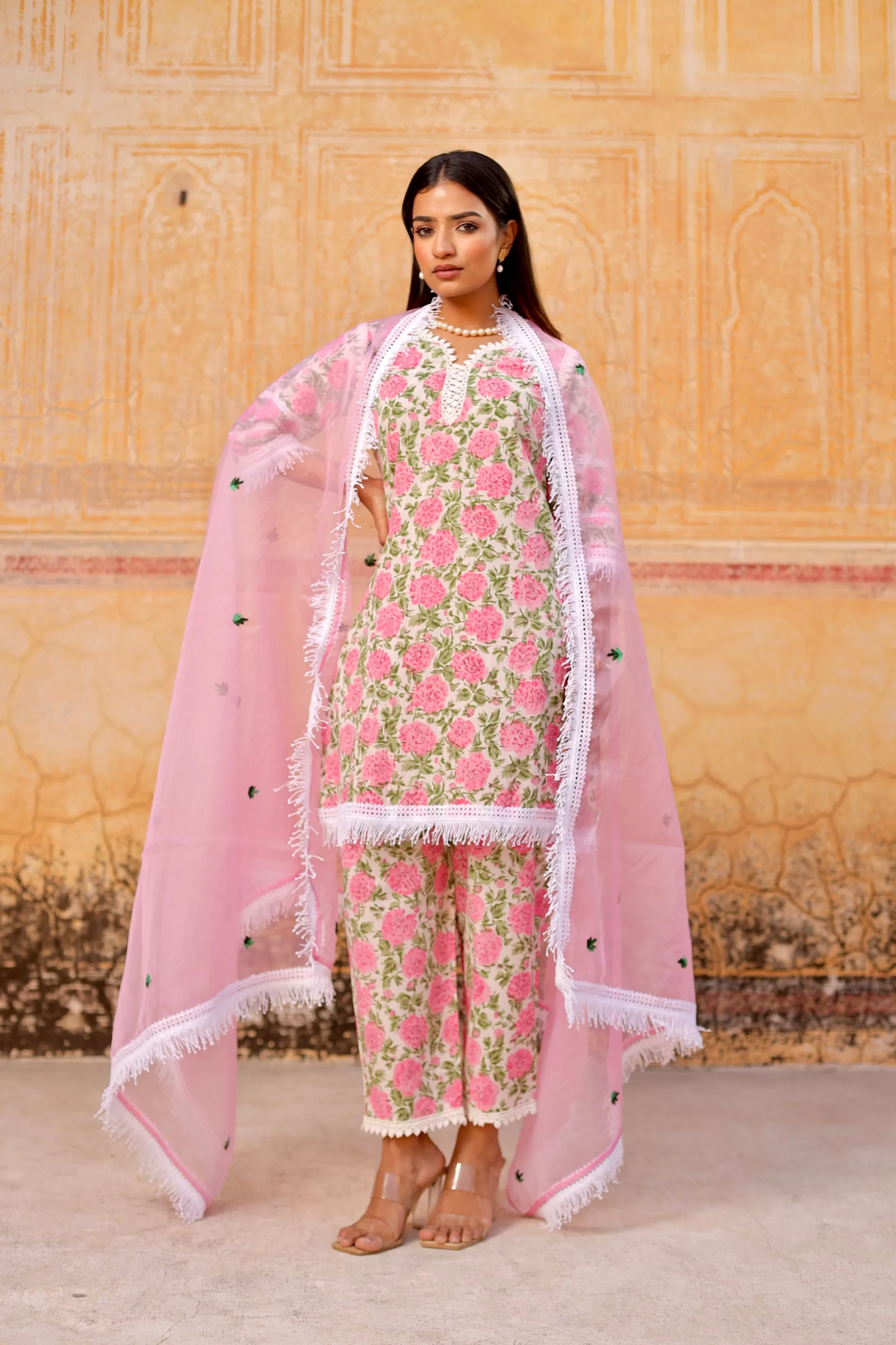 Pink flower handblock cotton straight set