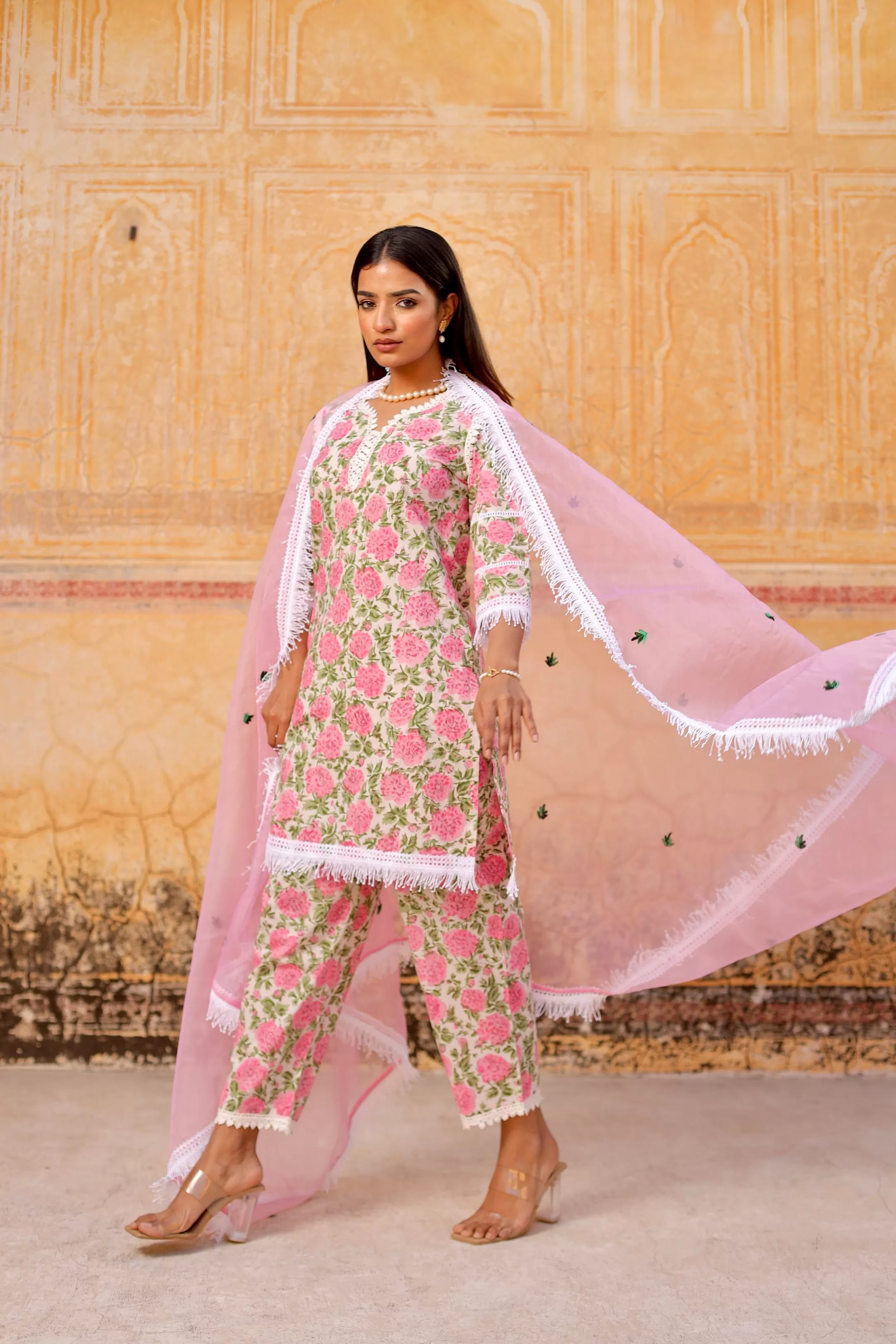 Pink flower handblock cotton straight set