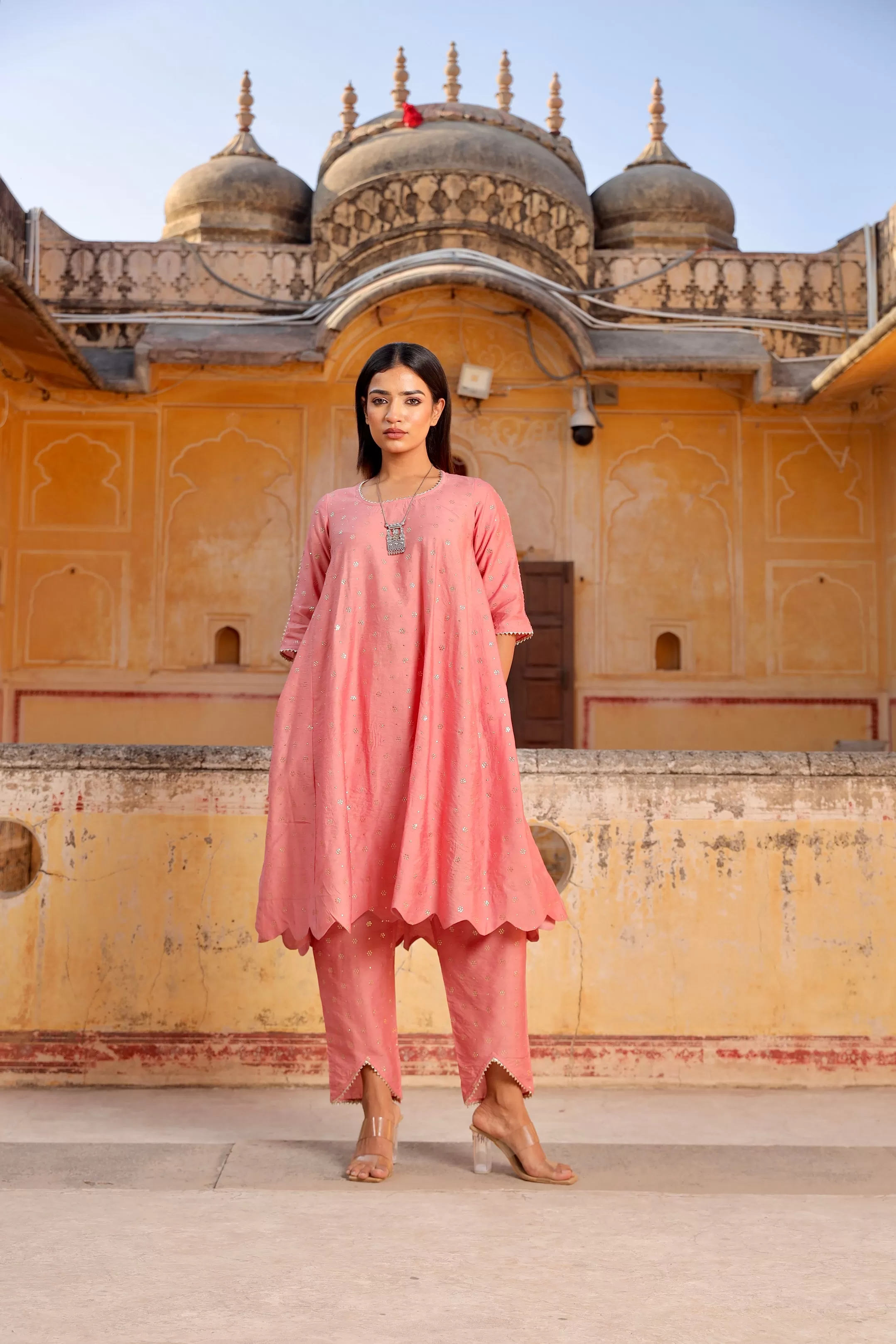 pink Mukaish work chanderi scalloped kurta set