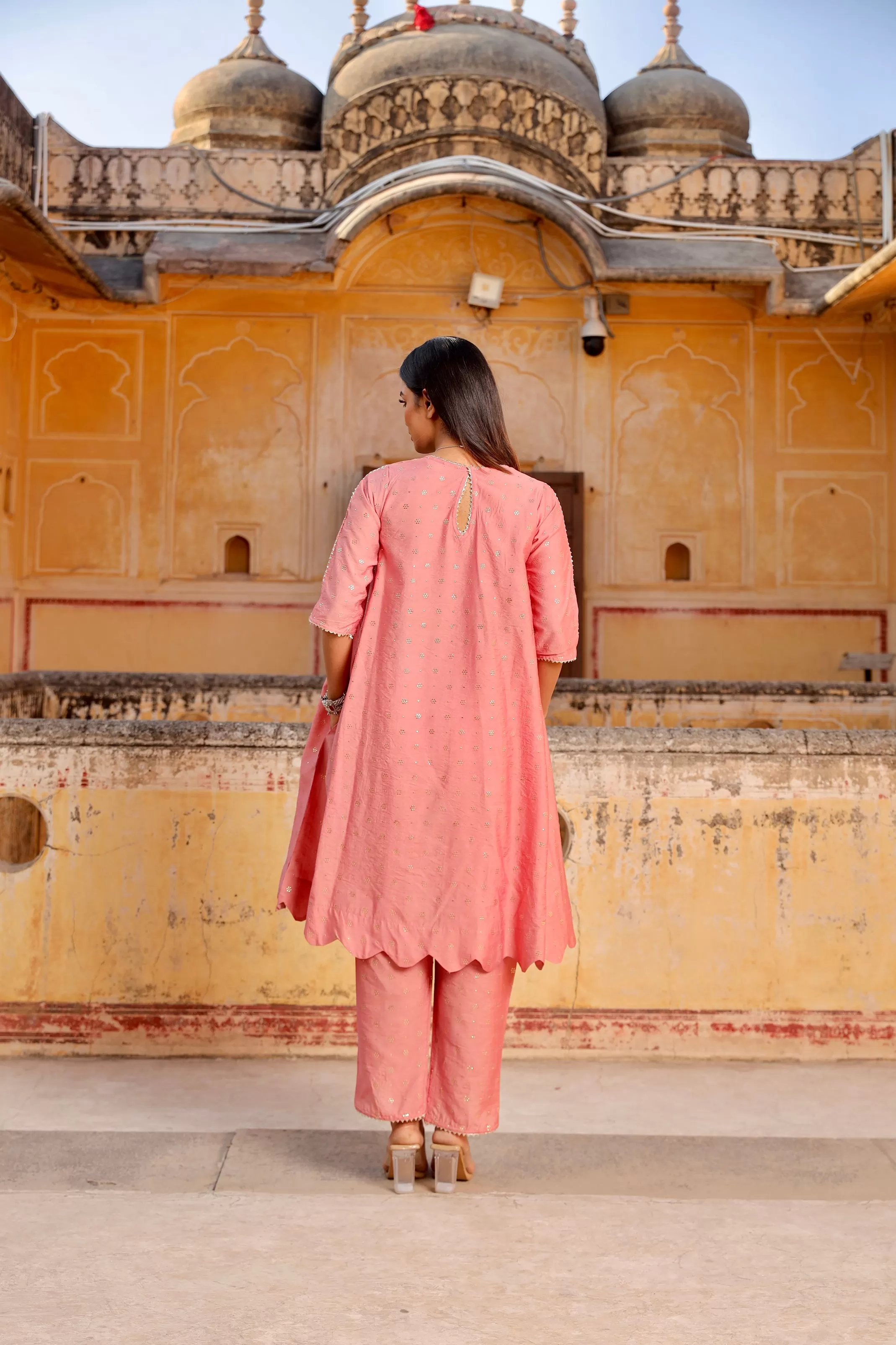 pink Mukaish work chanderi scalloped kurta set