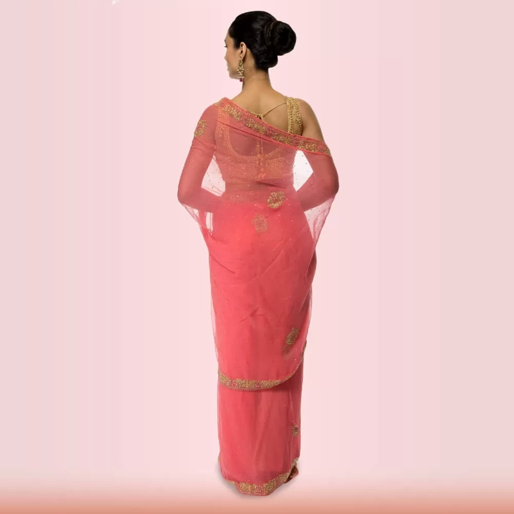 Pure Chiffon bead-work saree - Pink