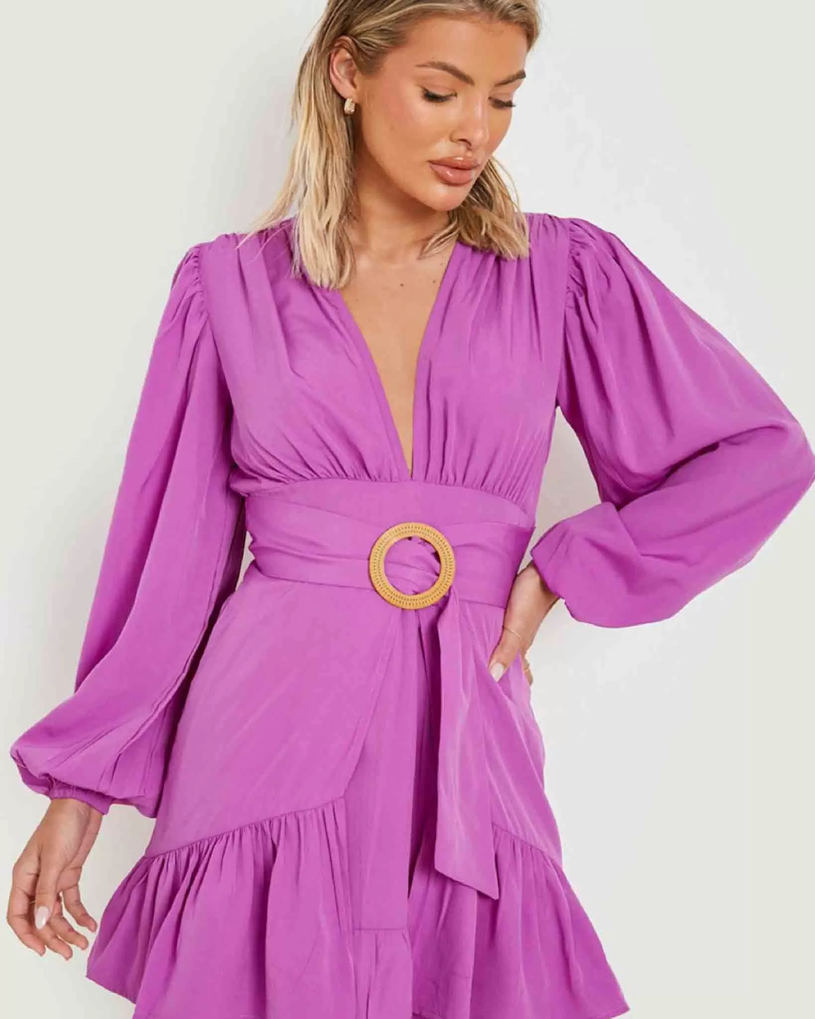 Raffia buckle belted skater beach dress in Purple