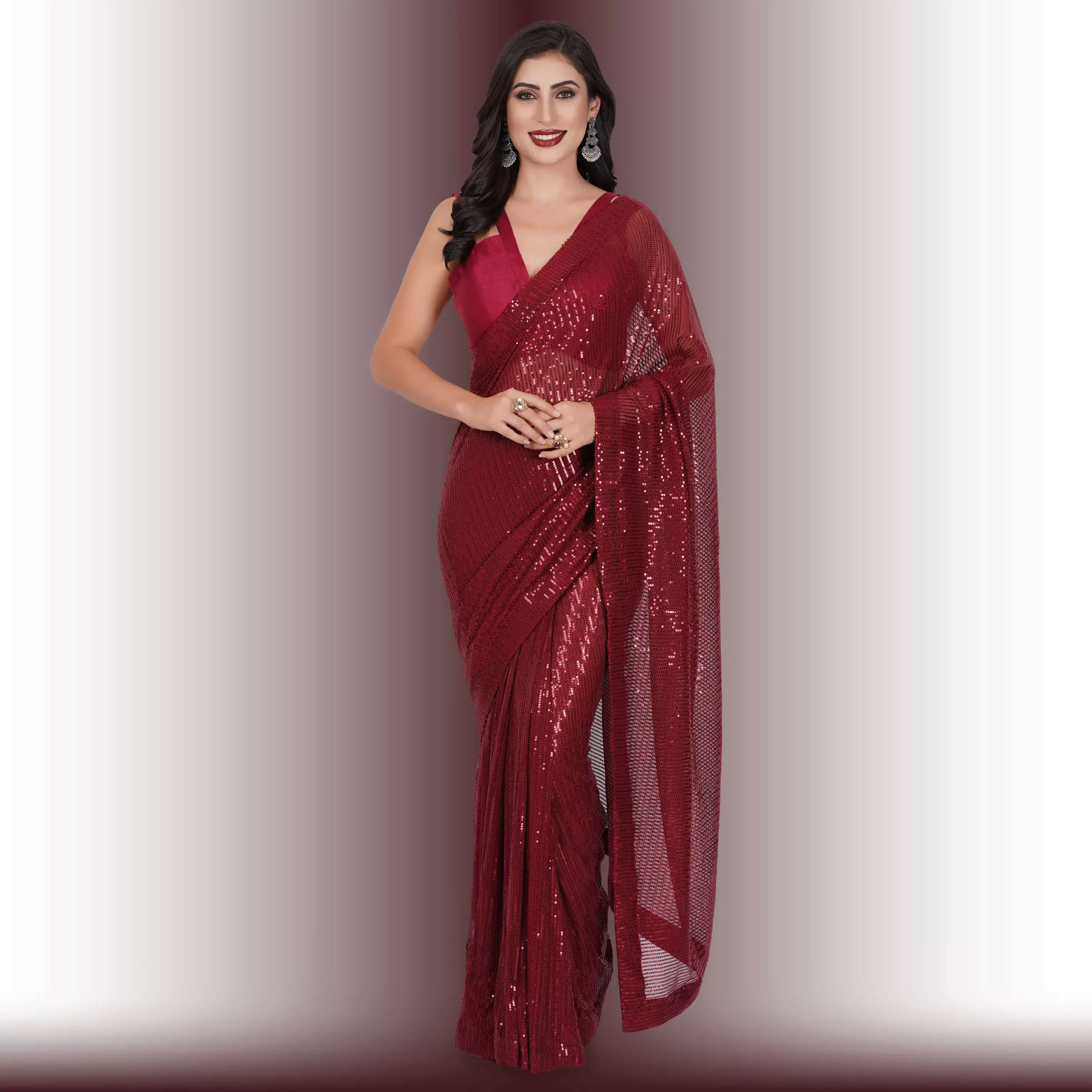 Readymade Sequin Saree - Red