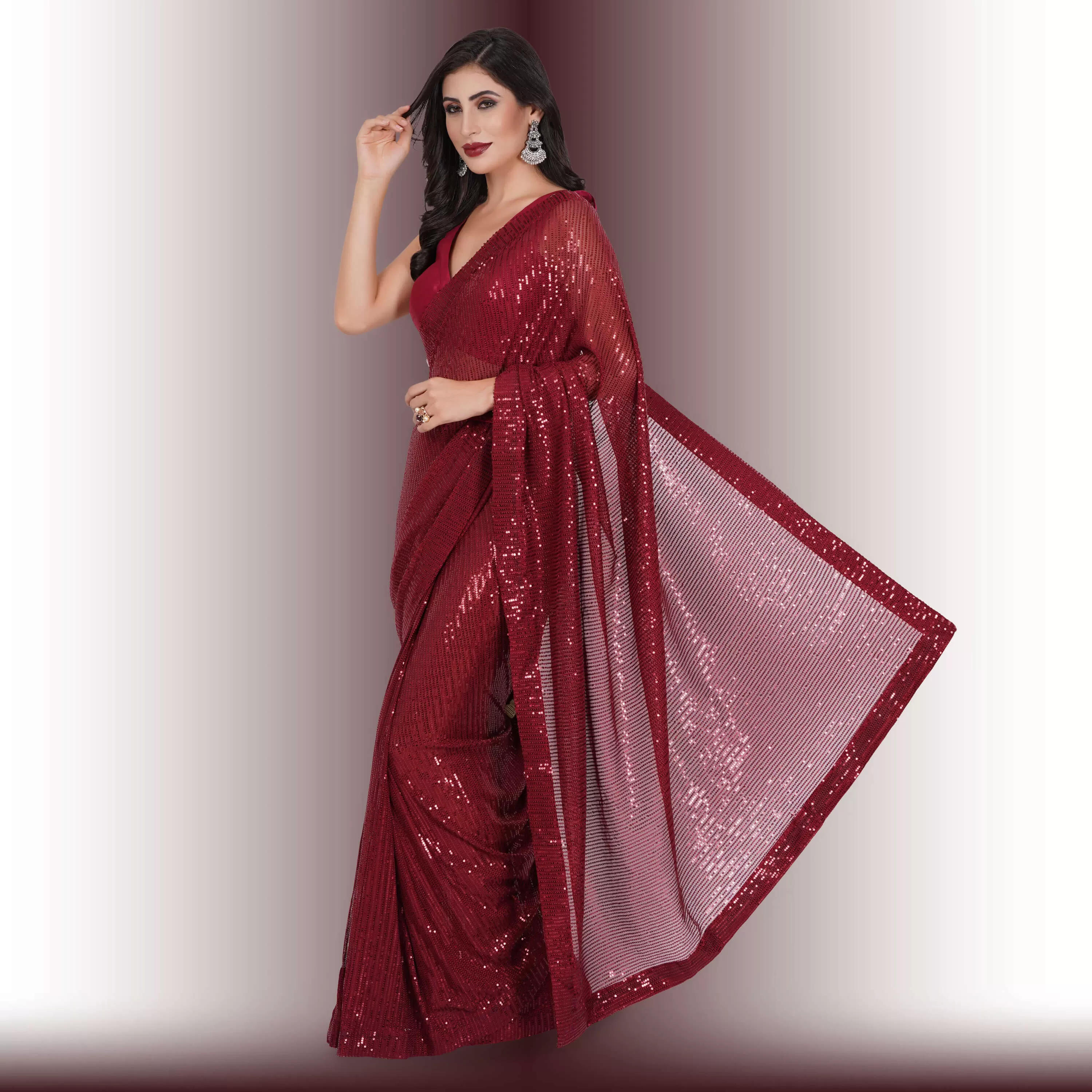 Readymade Sequin Saree - Red