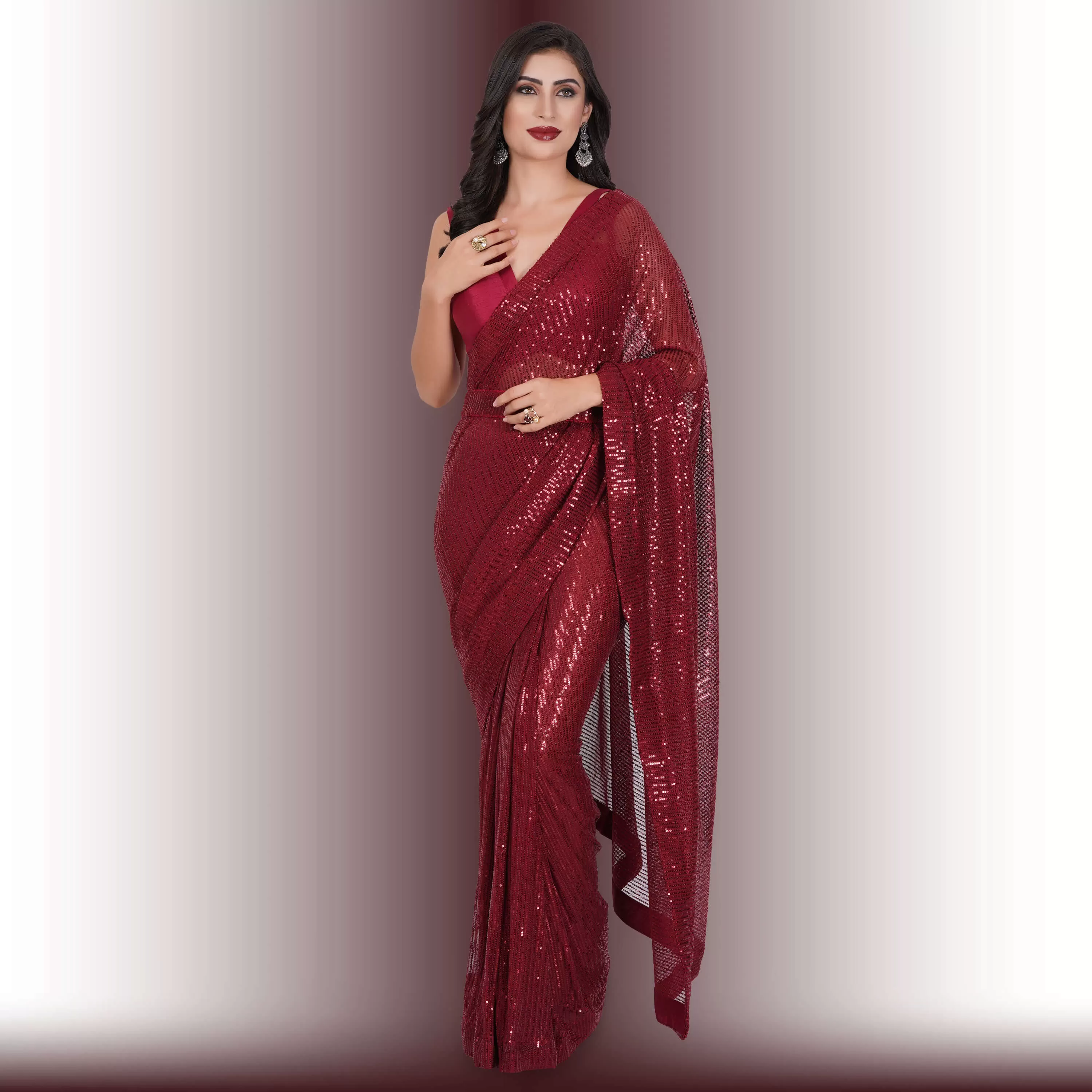 Readymade Sequin Saree - Red