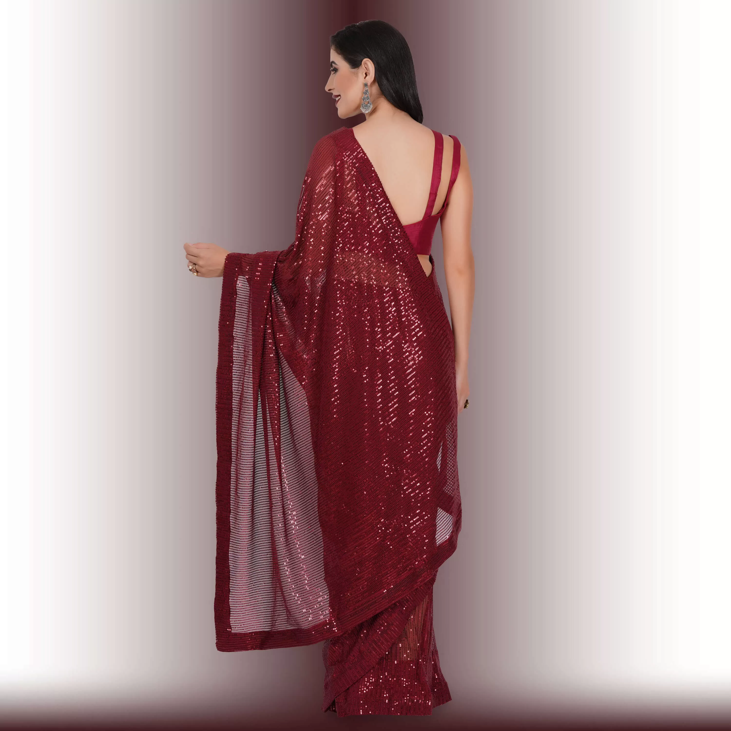 Readymade Sequin Saree - Red