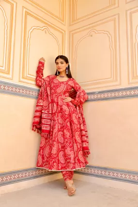 Red flower print handblock chanderi anarkali set