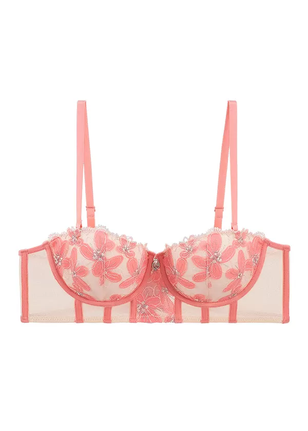 RILEY Plus Sexy Pink Floral Embroidery Lace Balconette Long Bra