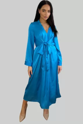 Royal Blue Satin Tie To Front Midi Dress