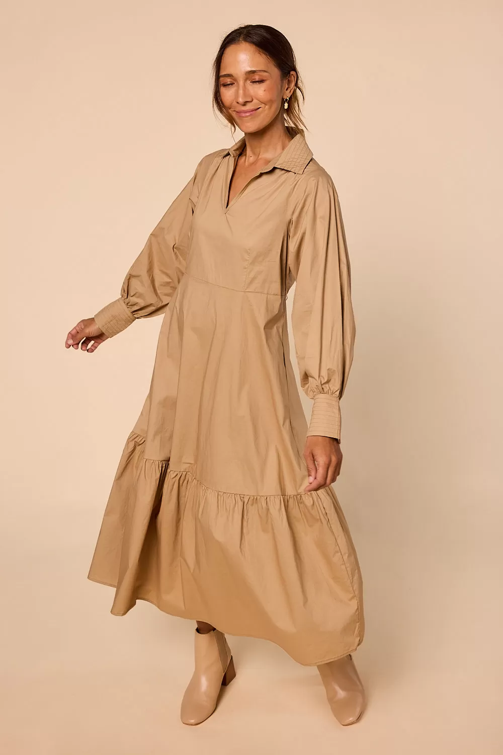 Sabre V-Neck Dress in Camel