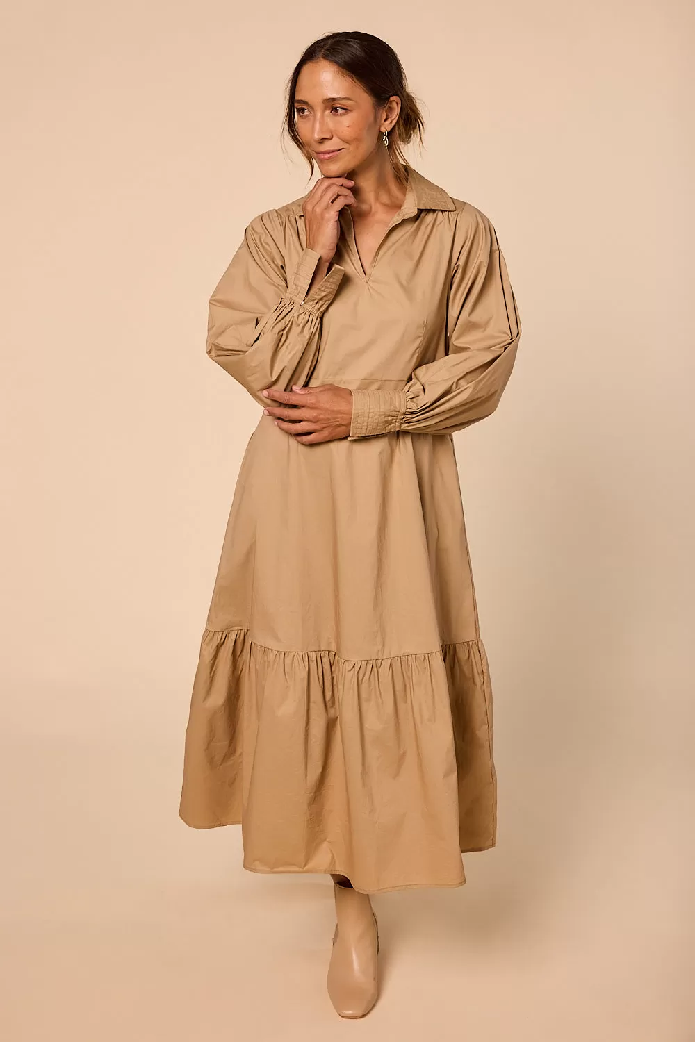 Sabre V-Neck Dress in Camel