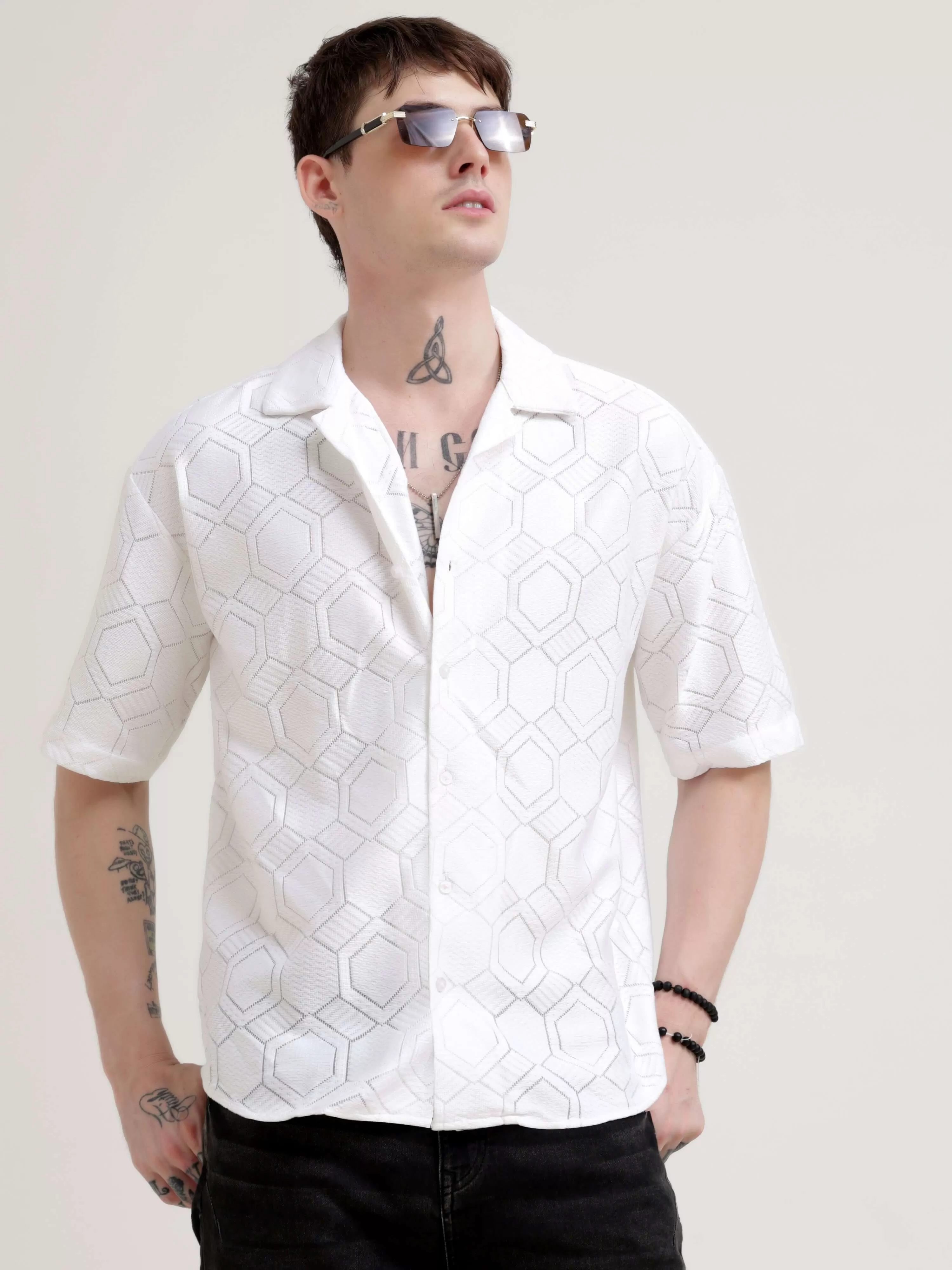 Texturiche quad off-white crochet oversized shirt