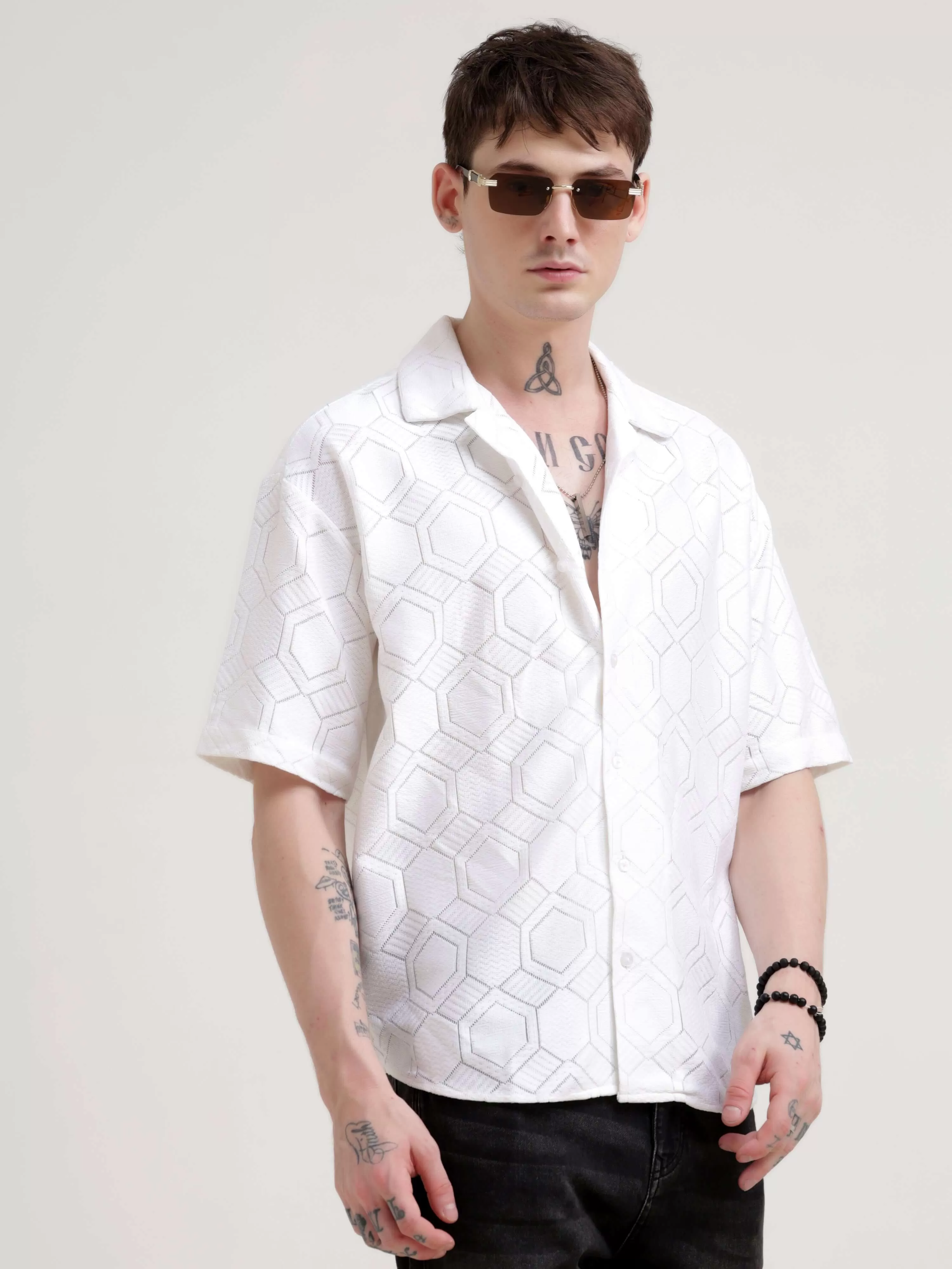 Texturiche quad off-white crochet oversized shirt