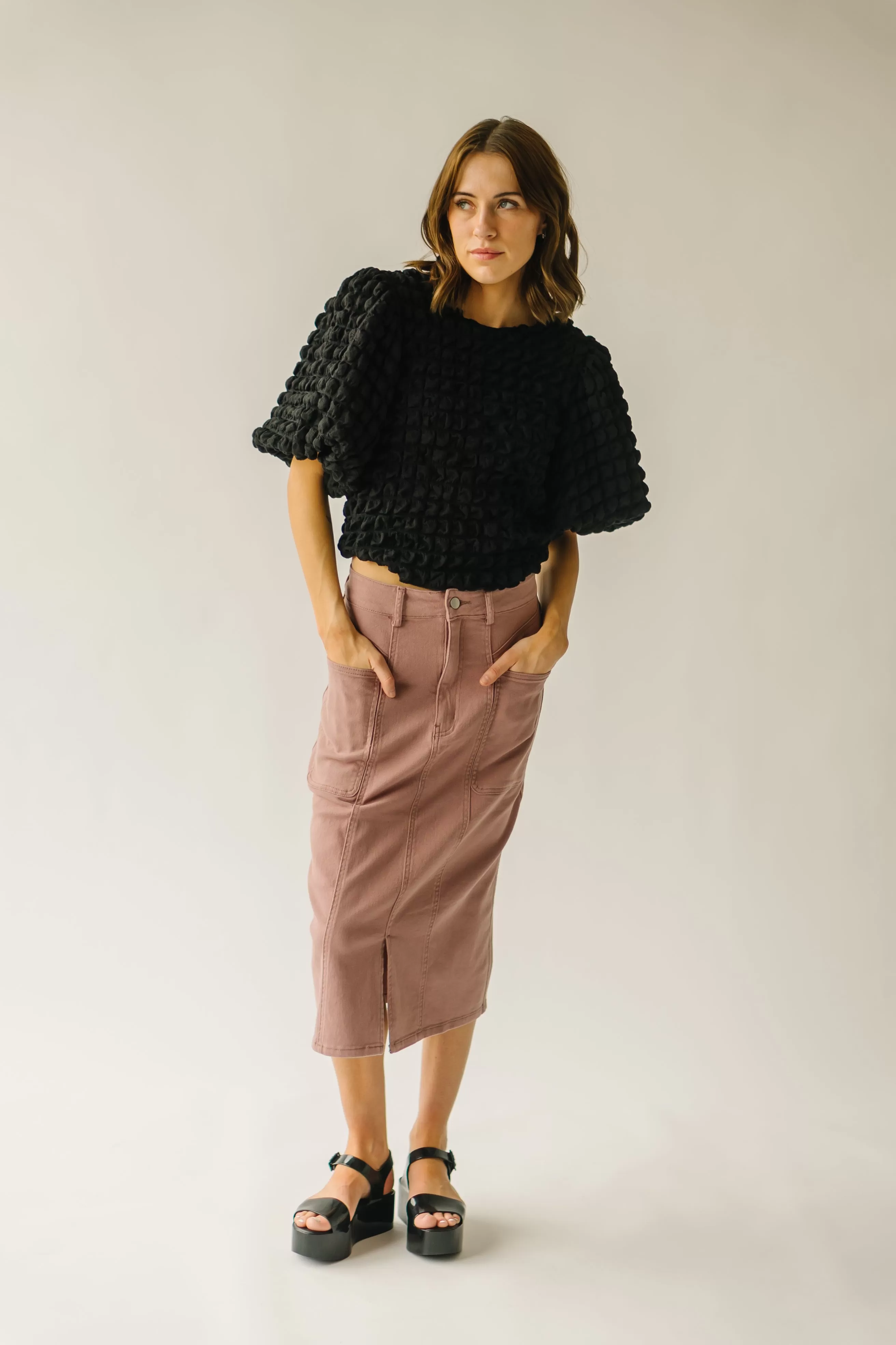 The Romford Denim Pencil Skirt in Mauve