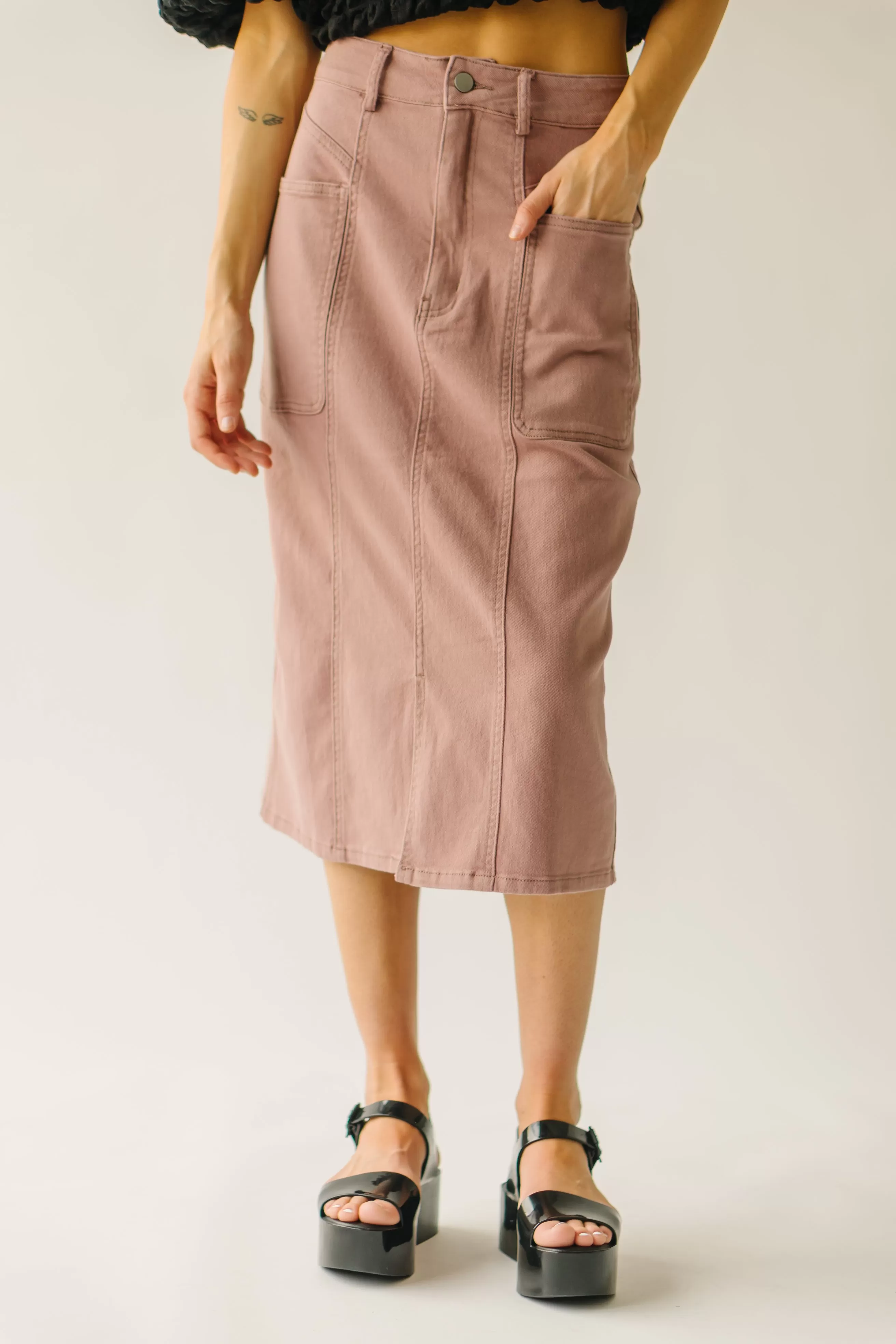 The Romford Denim Pencil Skirt in Mauve