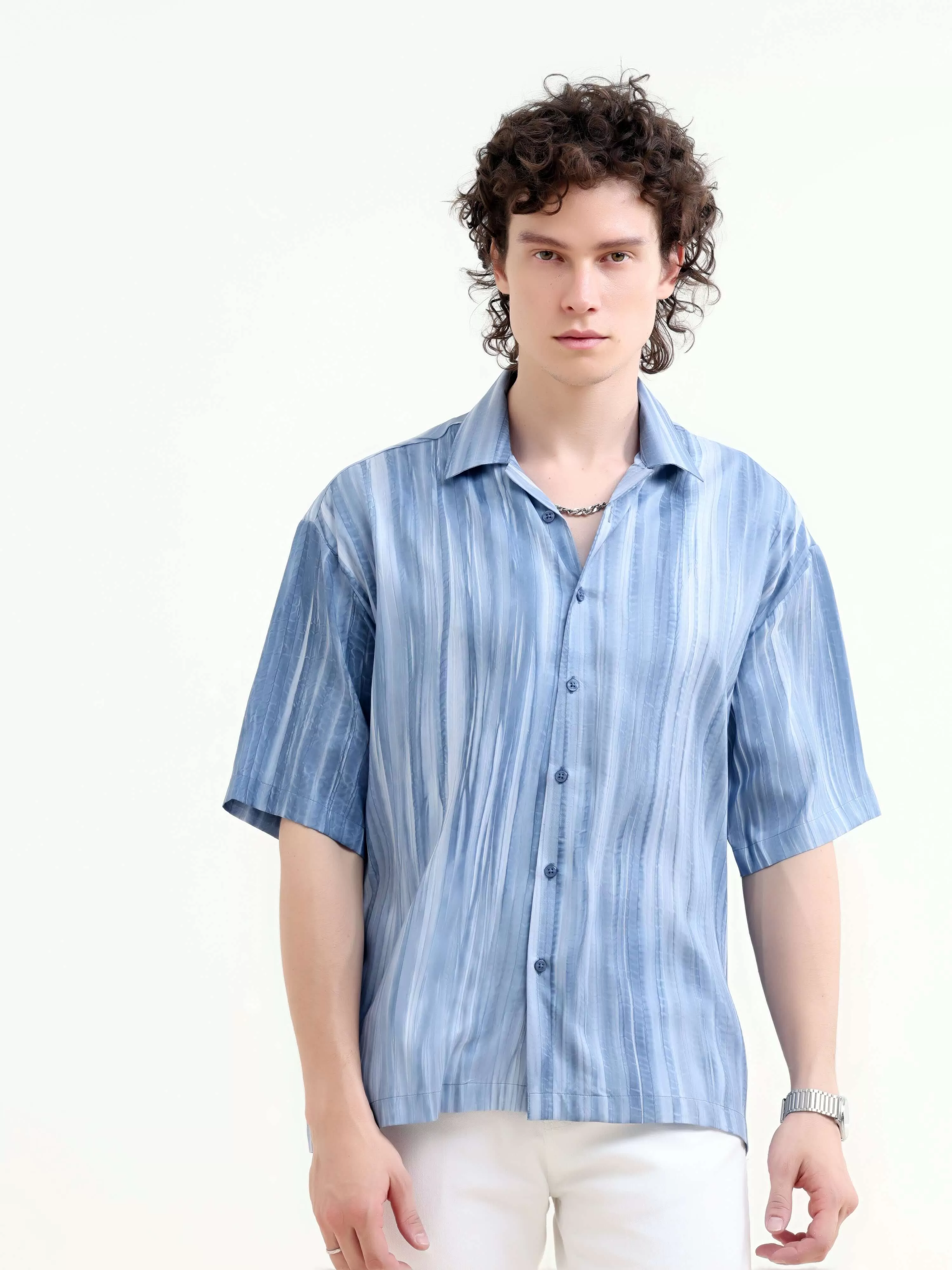 Tonal pastel blue lightweight oversized shirt