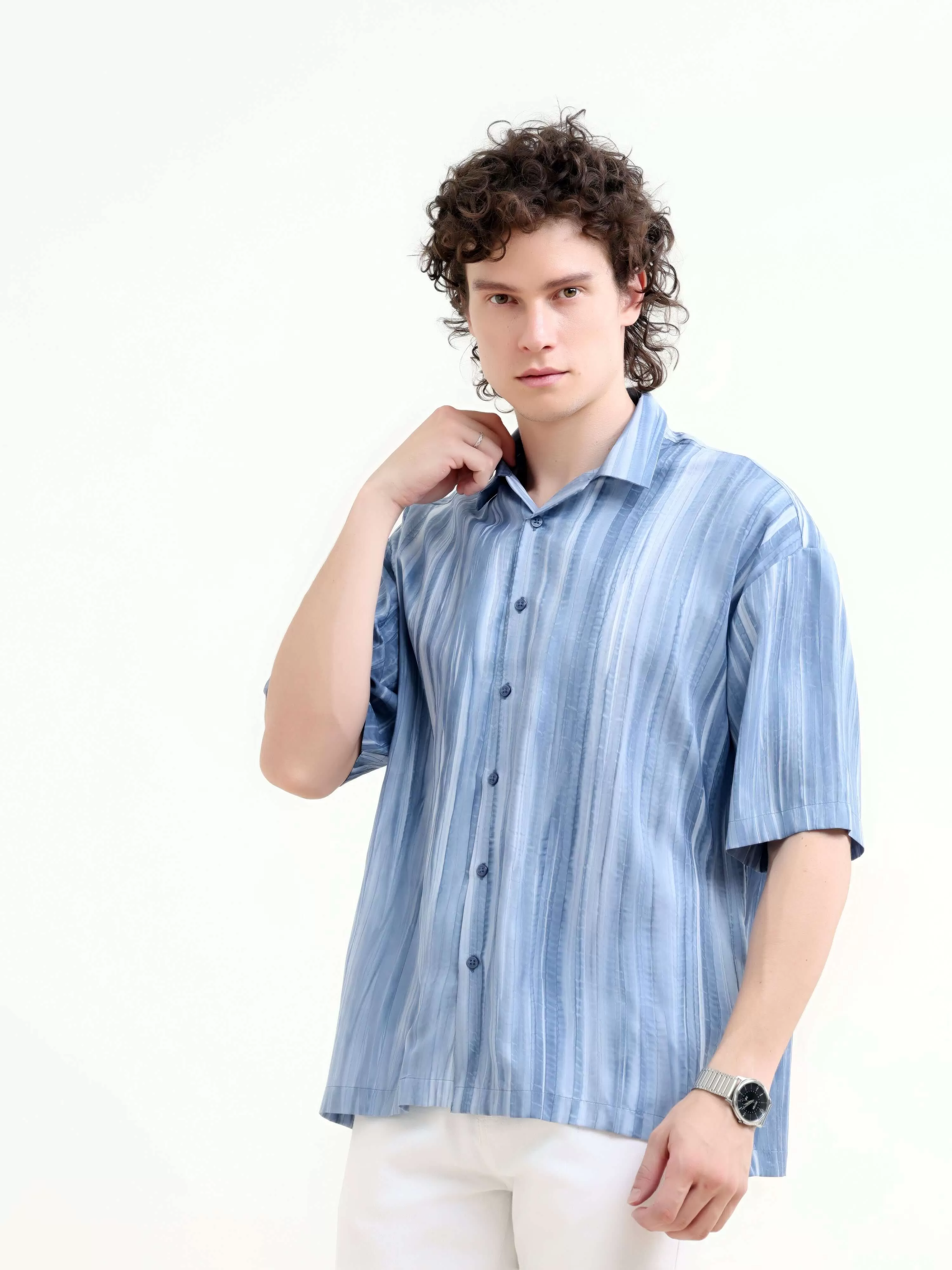 Tonal pastel blue lightweight oversized shirt