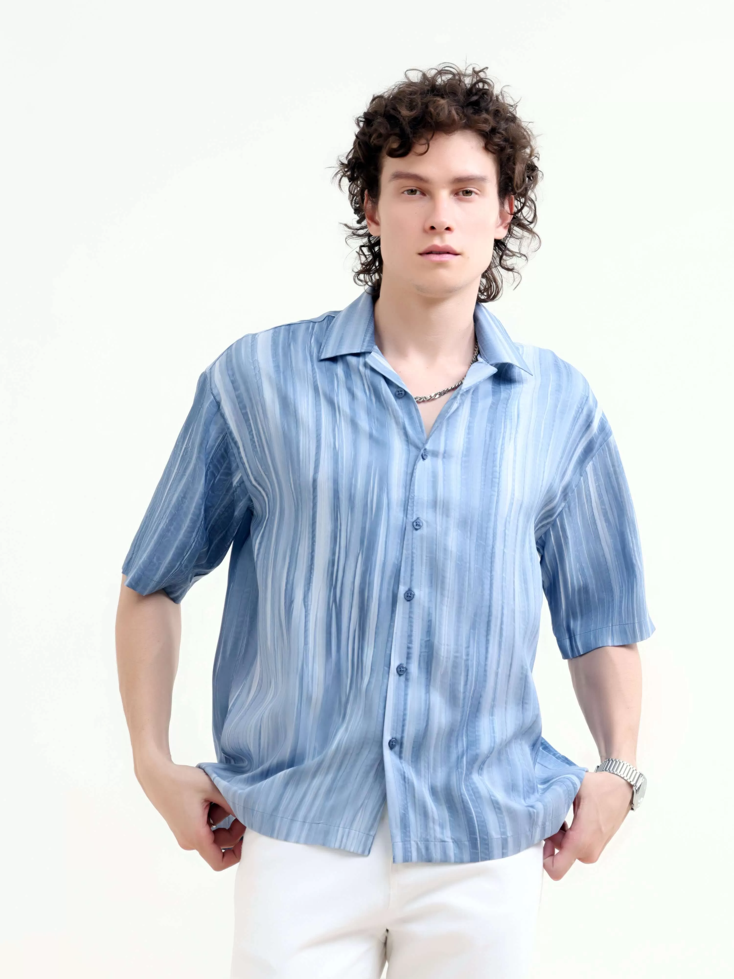 Tonal pastel blue lightweight oversized shirt