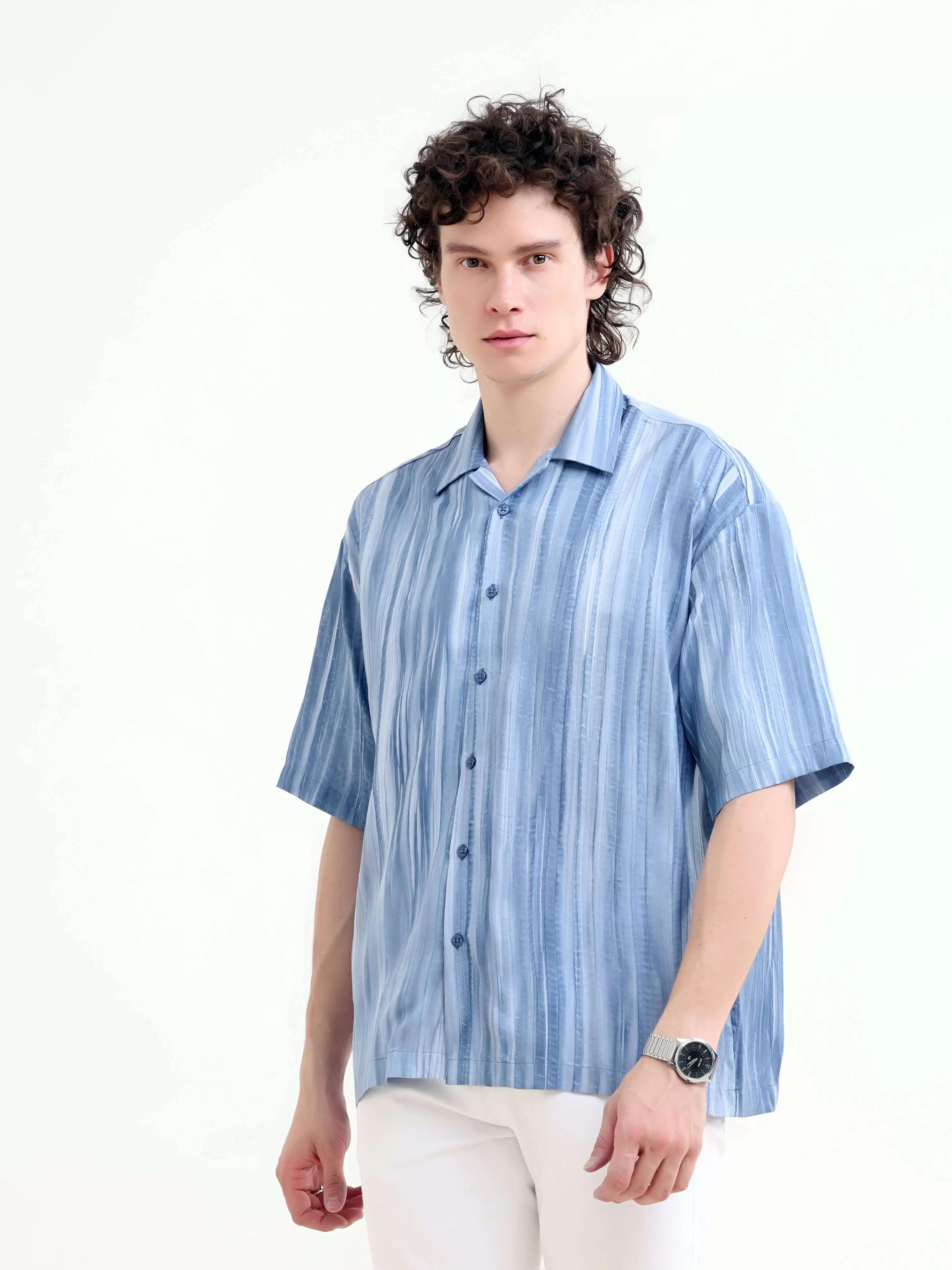 Tonal pastel blue lightweight oversized shirt