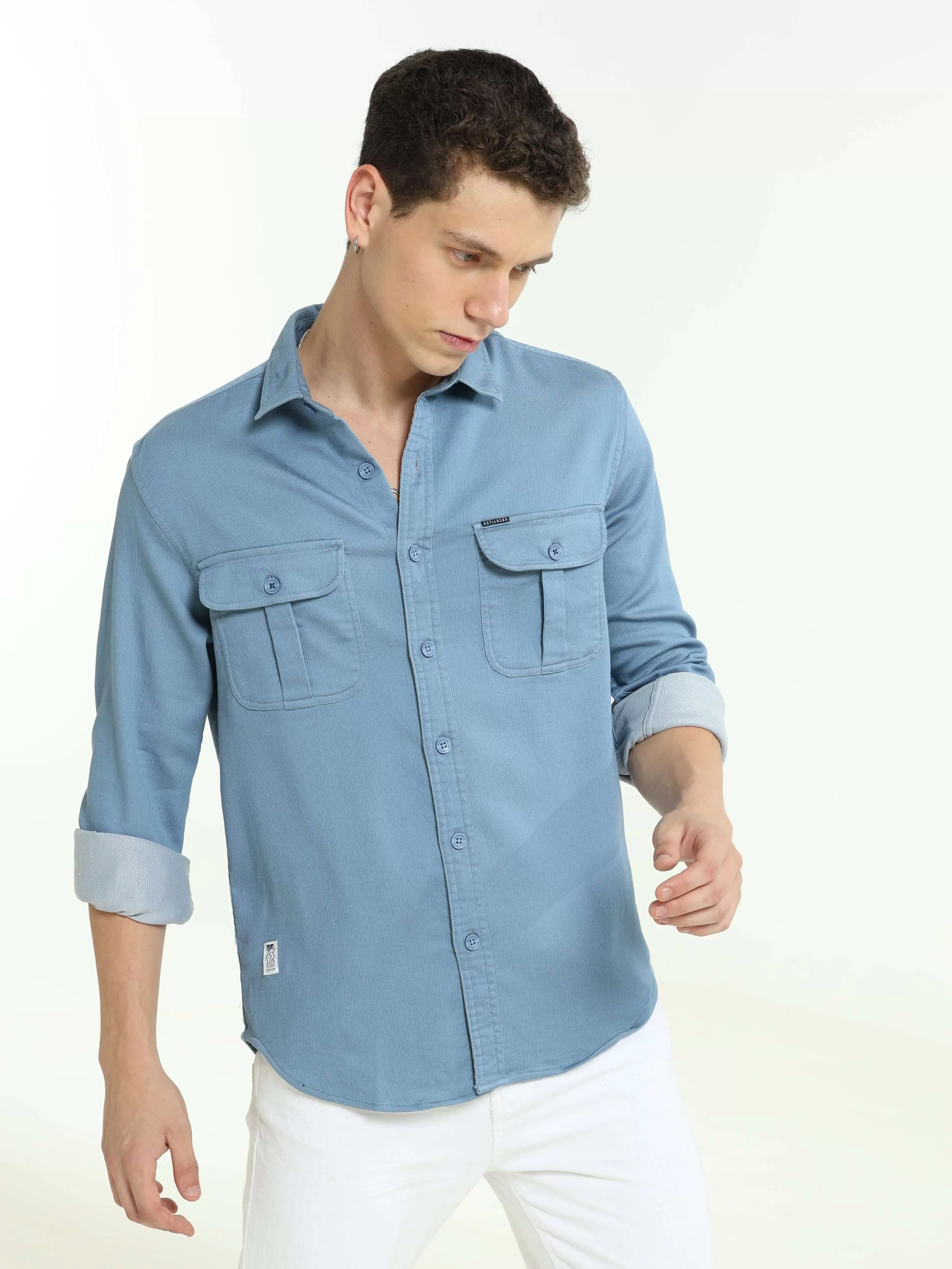 Tufts blue solid double pocket shirt