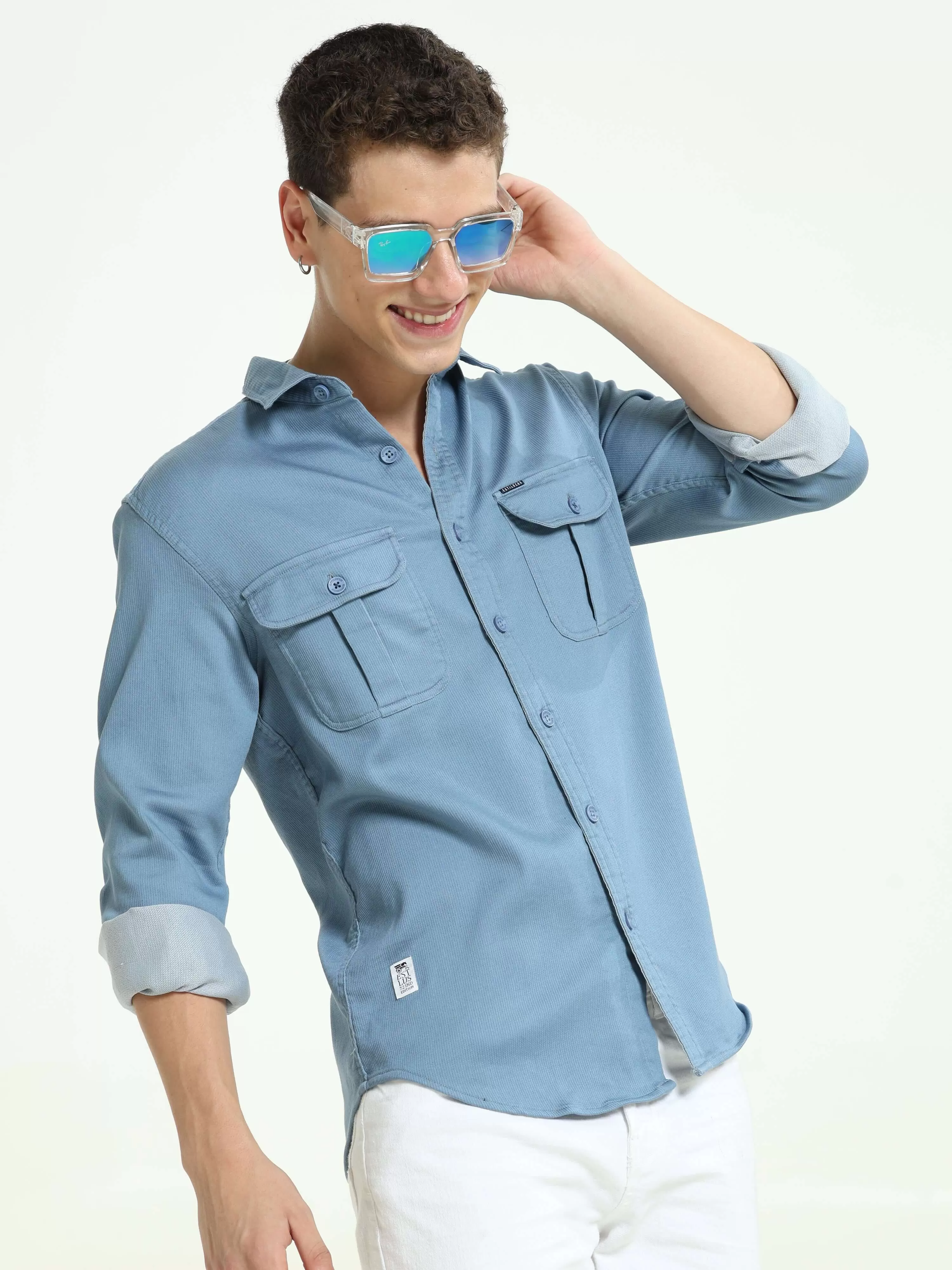 Tufts blue solid double pocket shirt