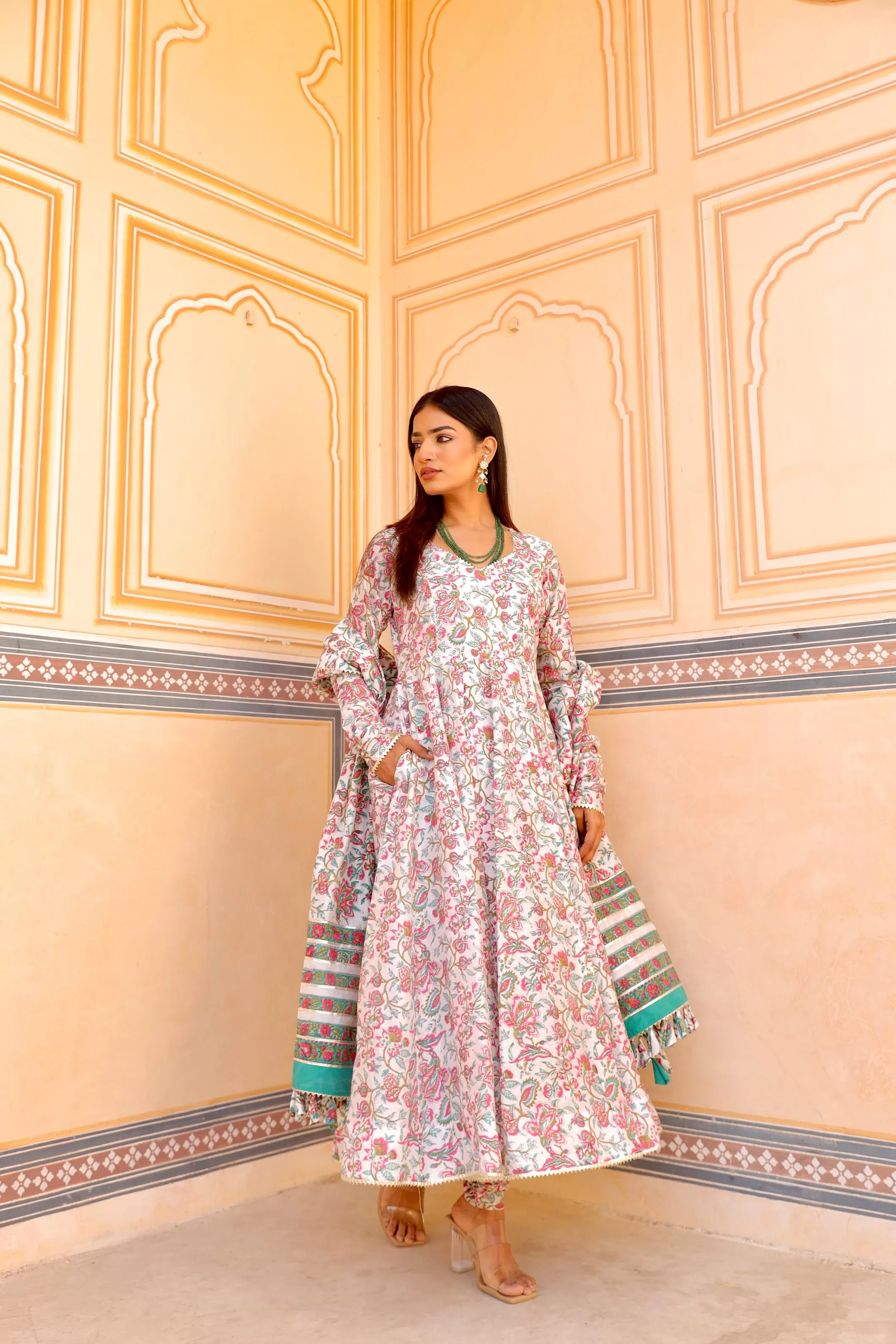 White flower print handblock chanderi anarkali set